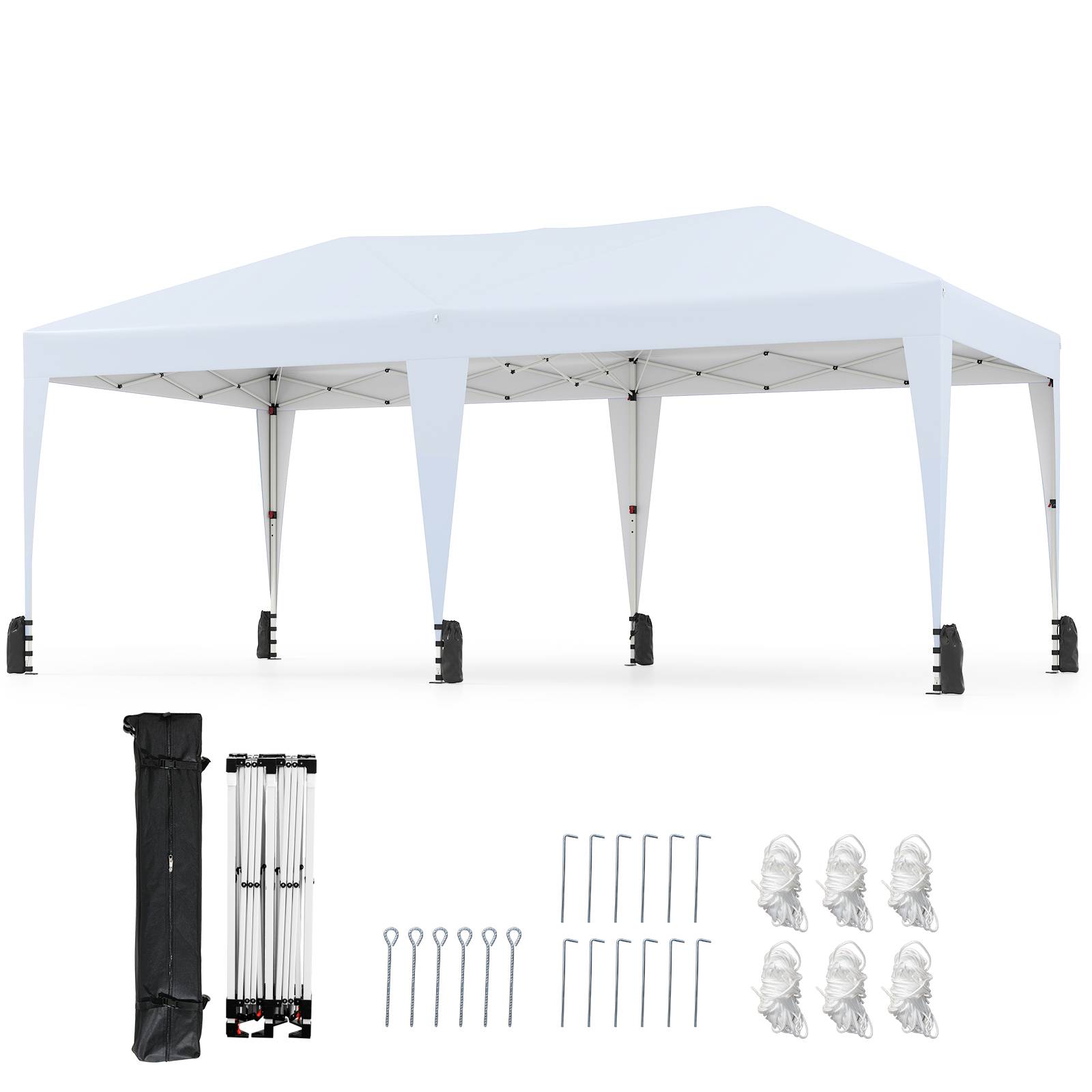 Tente Pliante 6 x 3M, Tonnelle Pop-up Portable d'Extérieur avec Sac à Roulettes, 12 Piquets, 6 Cordes Coupe-Vent, 6 Sacs de Sable, pour Camping, Blanc - Image 1