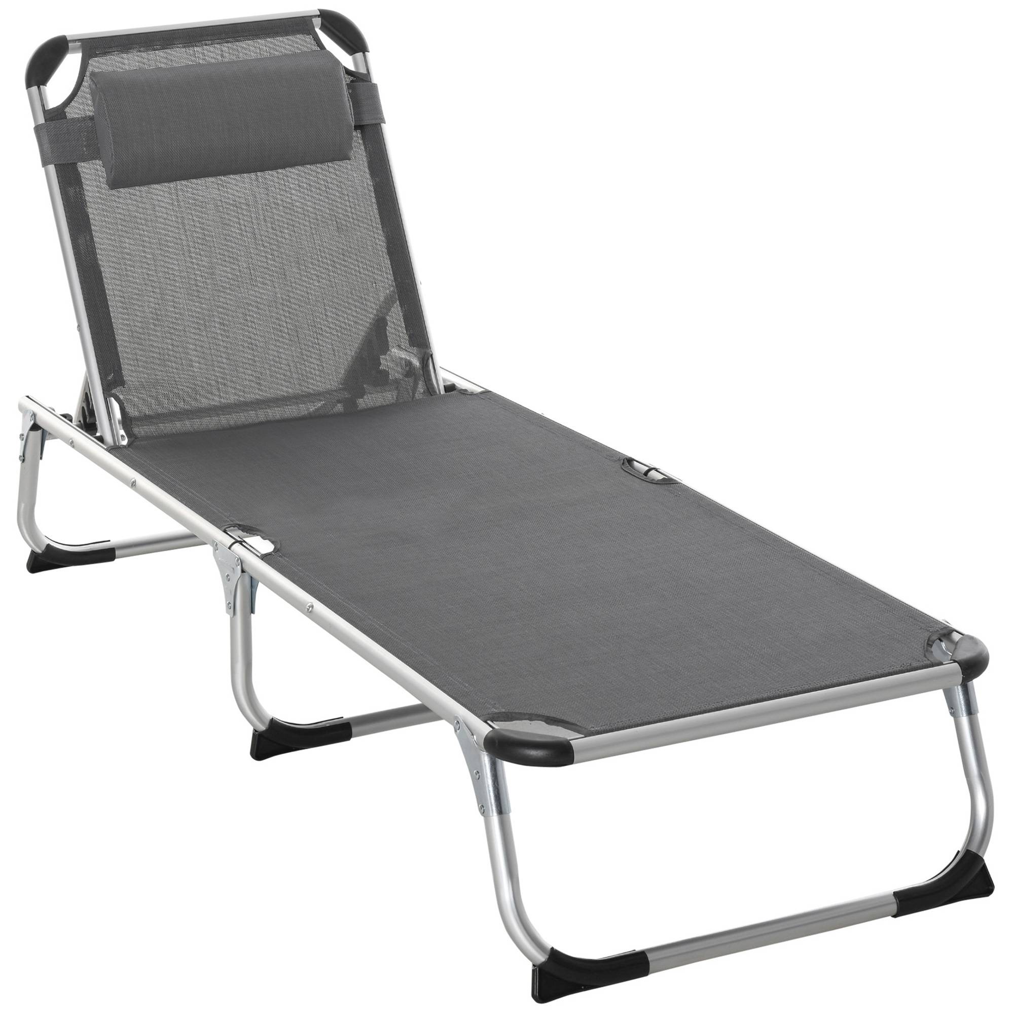 Bain de soleil chaise longue pliante avec appuie-tête, transat - 165x60x76cm Aluminium Gris fr104 - Image 1