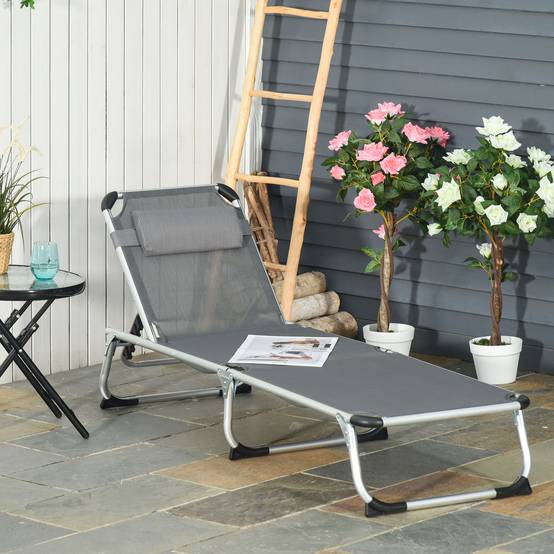 Bain de soleil chaise longue pliante avec appuie-tête, transat - 165x60x76cm Aluminium Gris fr104 - Image 3