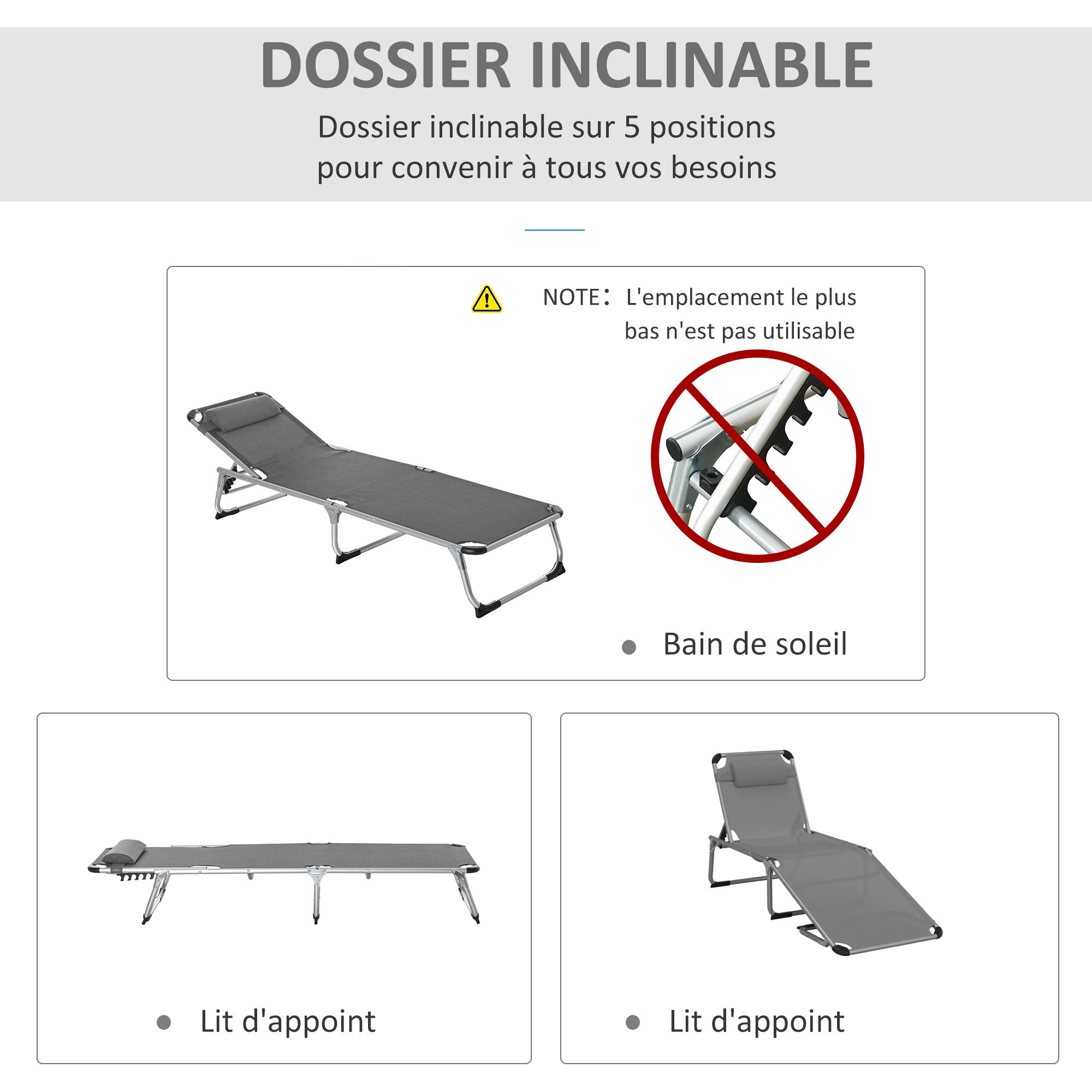 Bain de soleil chaise longue pliante avec appuie-tête, transat - 165x60x76cm Aluminium Gris fr104 - Image 6