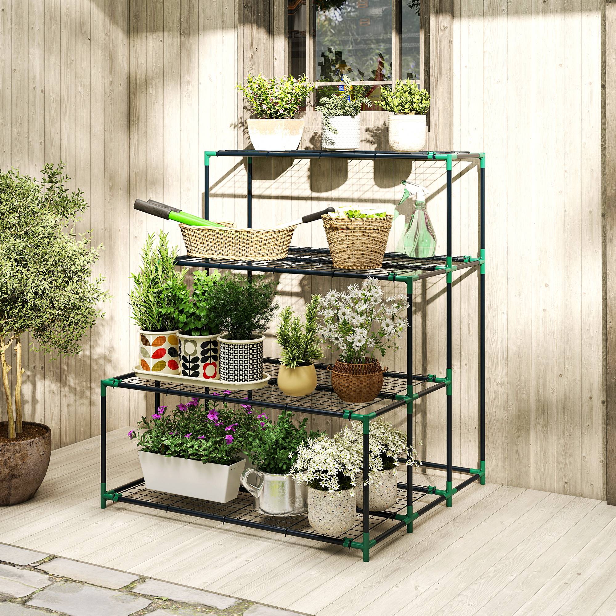 Support de jardin vertical 4 niveaux en métal robuste style échelle adapté intérieur extérieur pour fleurs - Image 3