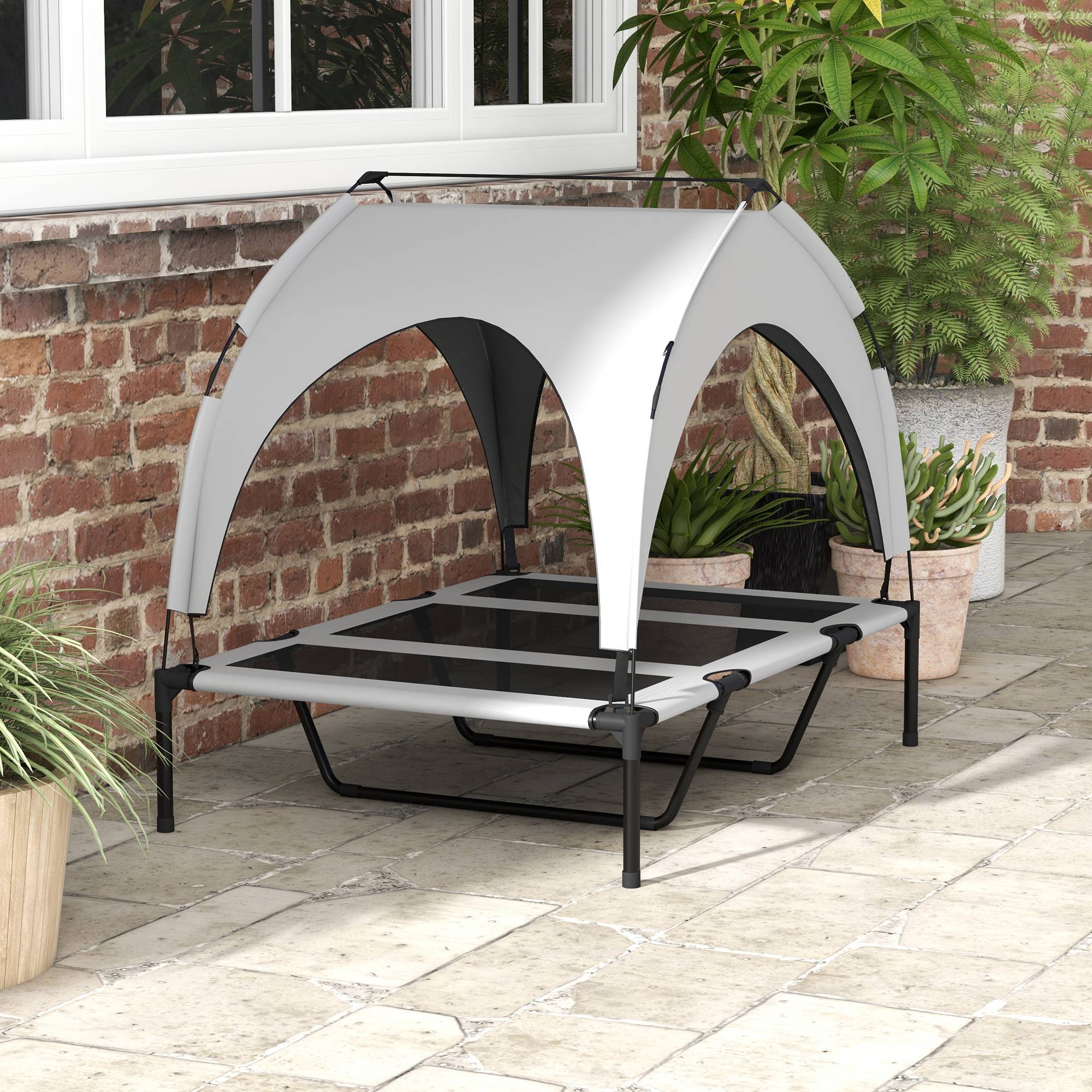 Lit Chien Surélevé Oxford Jardin Avec Auvent Parasoleil 106x76cm Gris - ComfortXL Pet Living - Image 8