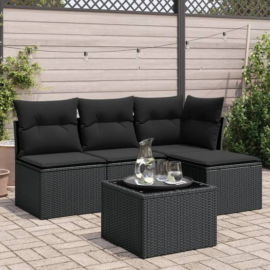 Salon d'extérieur 5 éléments en résine tressée modulable avec table et pouf pour jardin Noir – ComfortXL Outdoor Living - Image 1