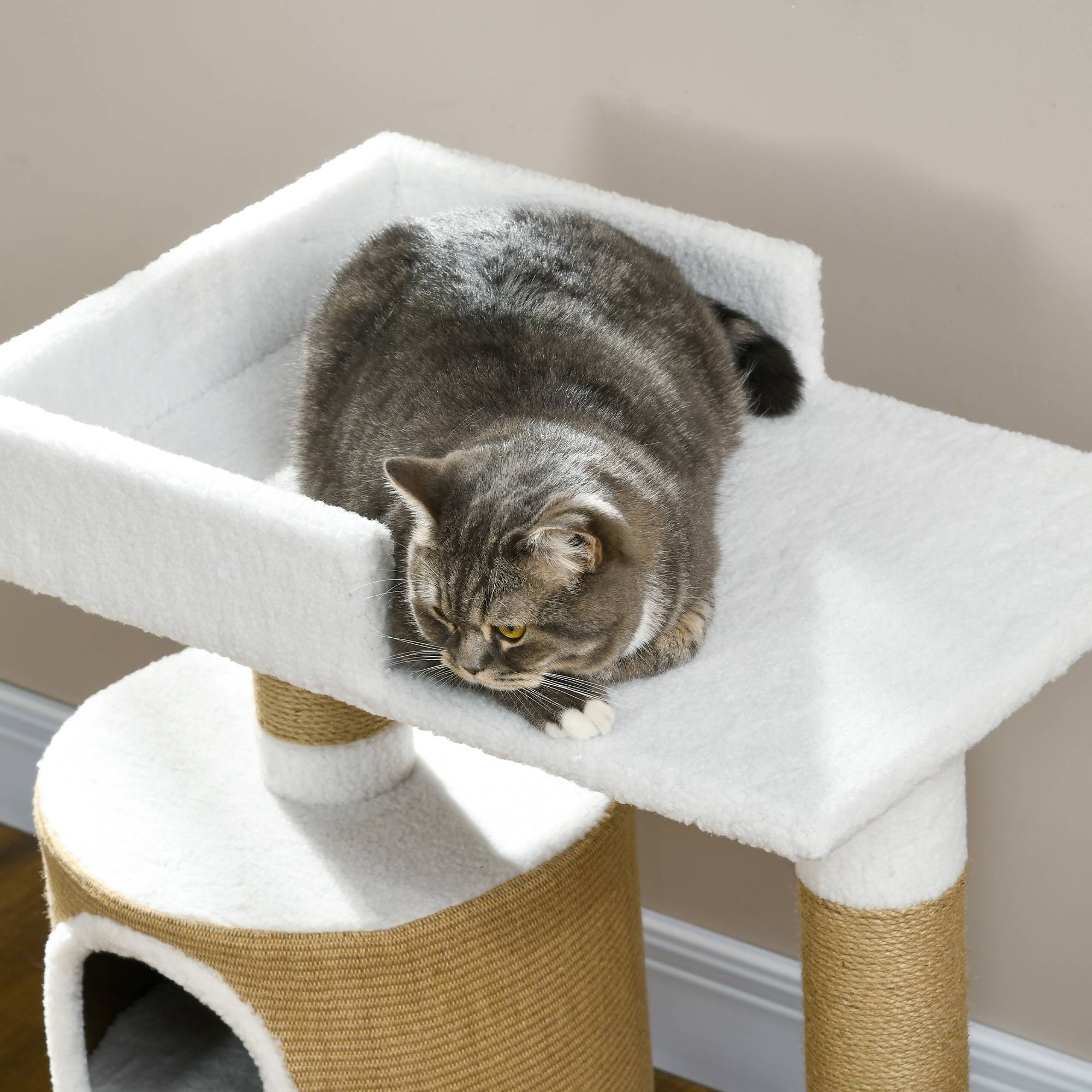Petit arbre à chat 79cm avec grotte et surface de repos, pour chats jusqu'à 8kg, jute marron/blanc - Image 7