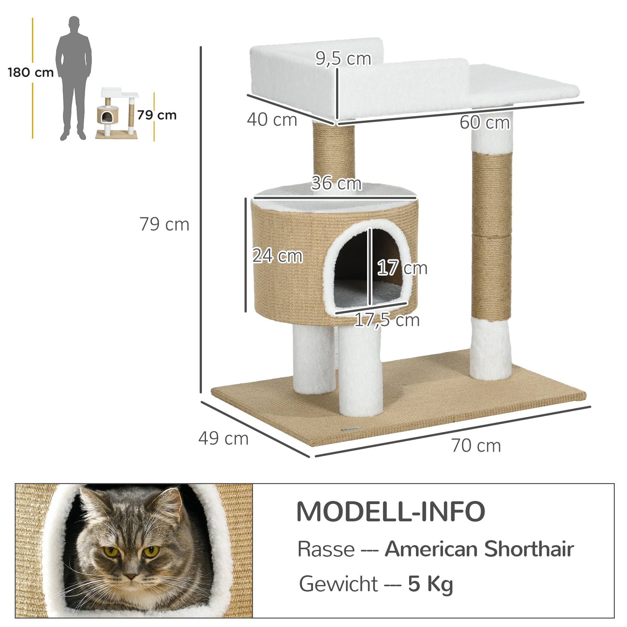 Petit arbre à chat 79cm avec grotte et surface de repos, pour chats jusqu'à 8kg, jute marron/blanc - Image 3
