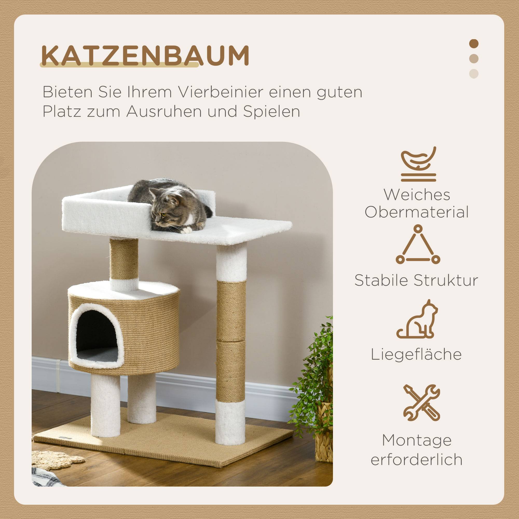 Petit arbre à chat 79cm avec grotte et surface de repos, pour chats jusqu'à 8kg, jute marron/blanc - Image 4
