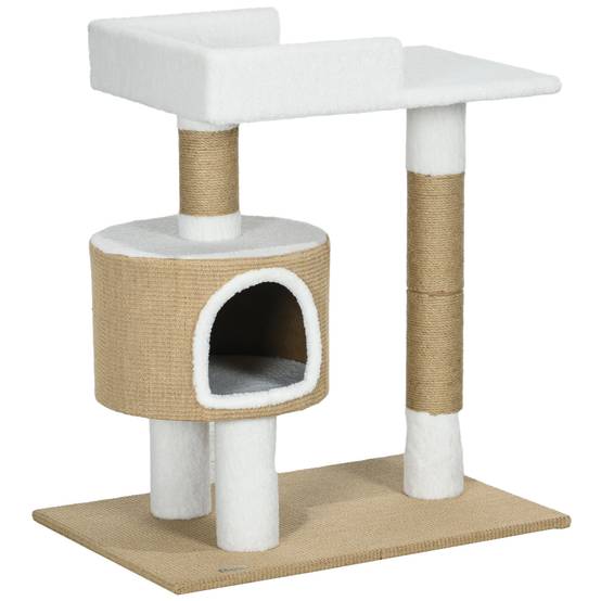 Petit arbre à chat 79cm avec grotte et surface de repos, pour chats jusqu'à 8kg, jute marron/blanc - Image 1