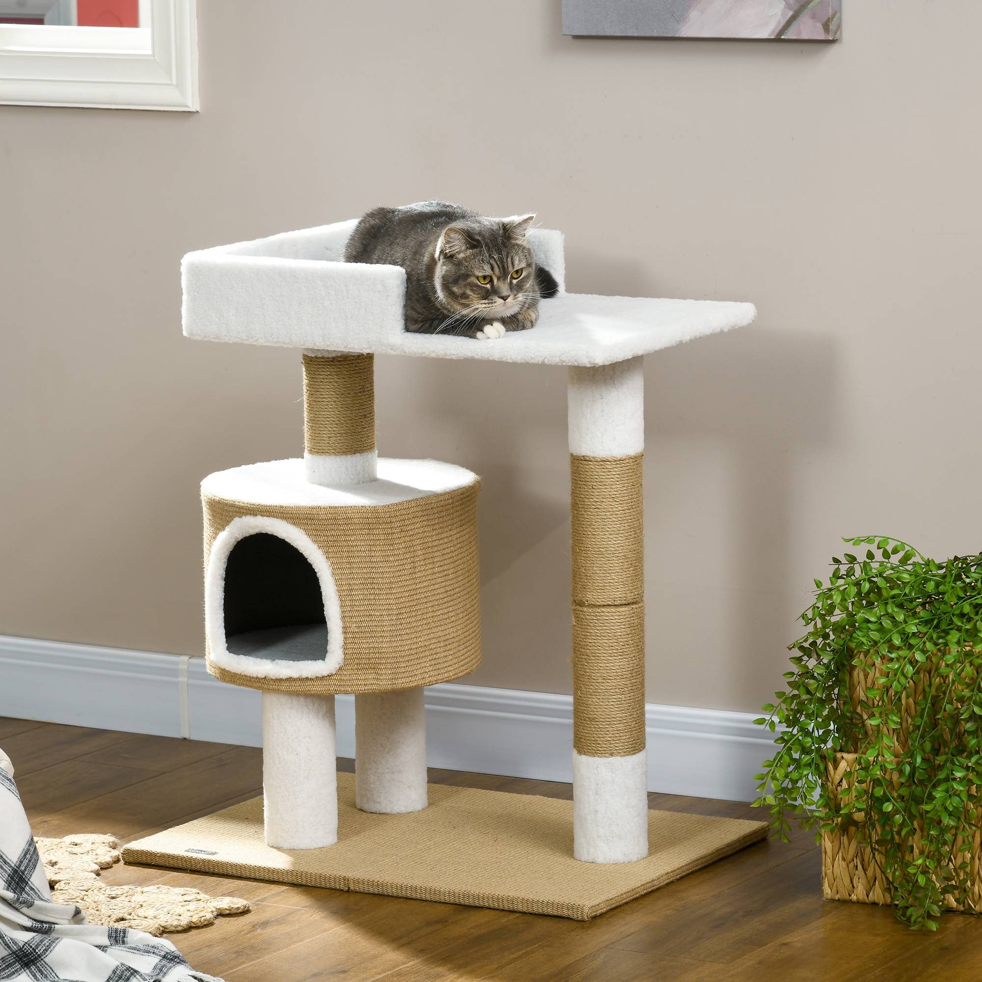 Petit arbre à chat 79cm avec grotte et surface de repos, pour chats jusqu'à 8kg, jute marron/blanc - Image 2