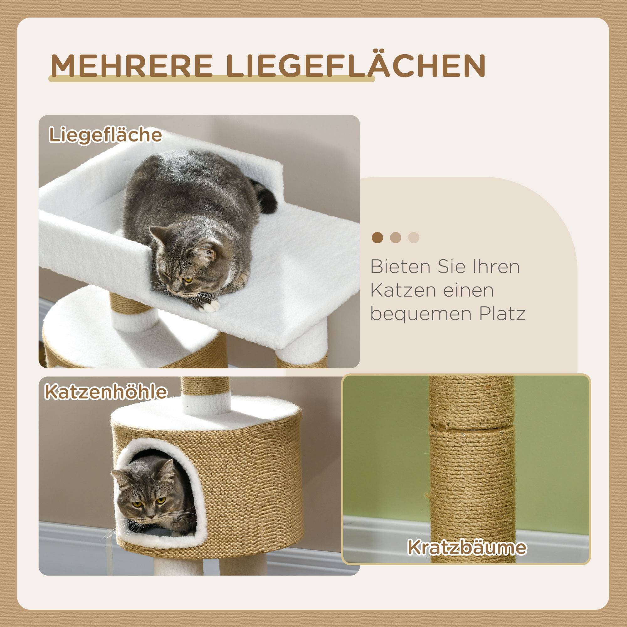 Petit arbre à chat 79cm avec grotte et surface de repos, pour chats jusqu'à 8kg, jute marron/blanc - Image 5