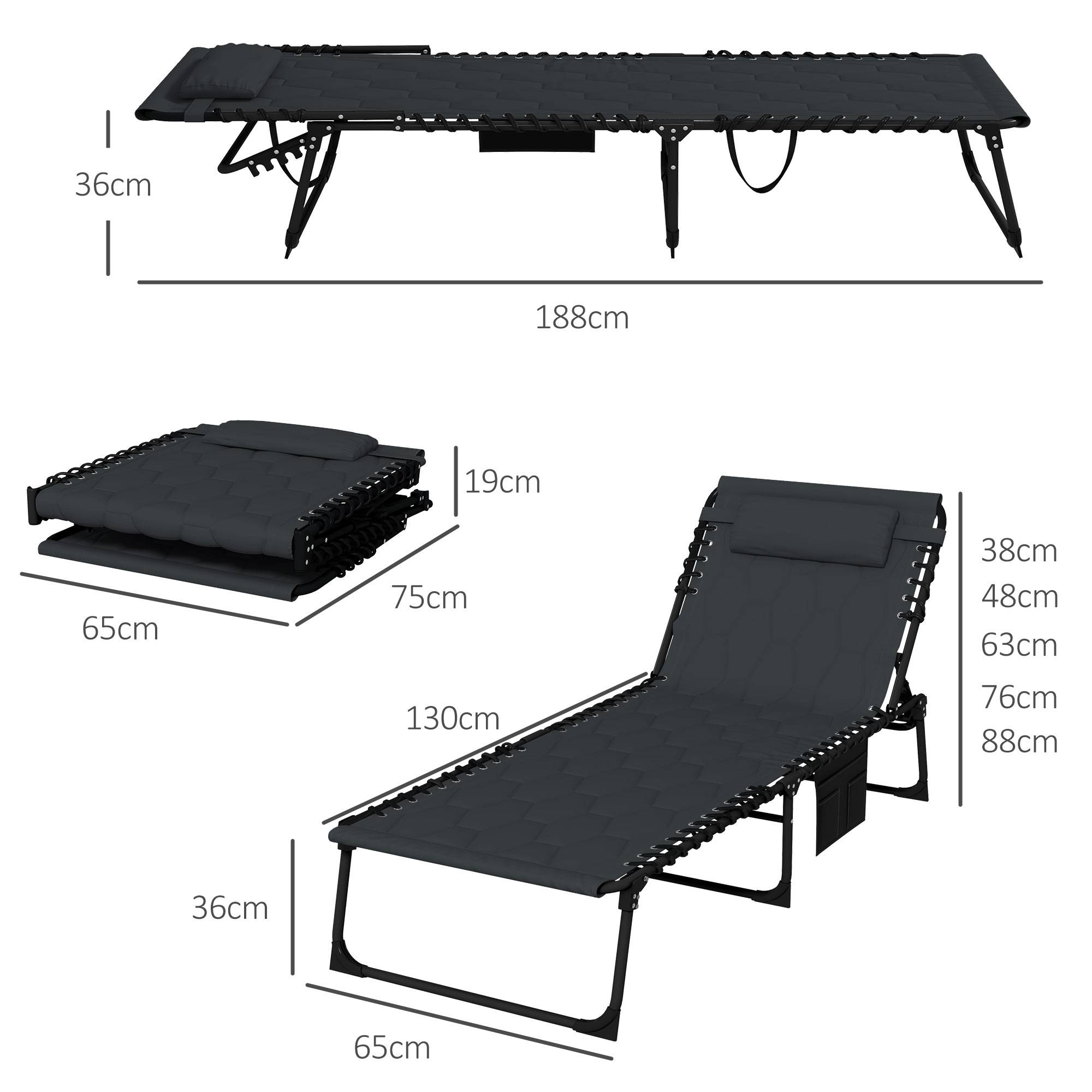 Outsunny - Lot de 2 transats bains de soleil pliables inclinables revêtement matelassé noir - Outsunny - Imagen 3
