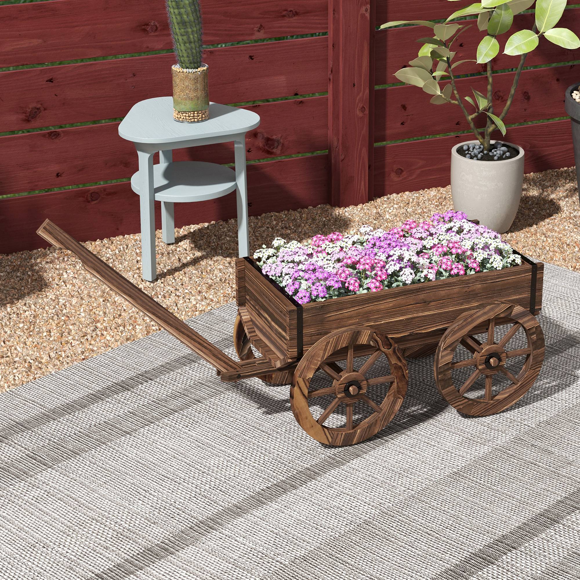 ComfortXL - Chariot à fleurs bois sapin terrasse décoration brouette sur roues avec poignée 120cm - ComfortXL Outdoor Living - Image 9
