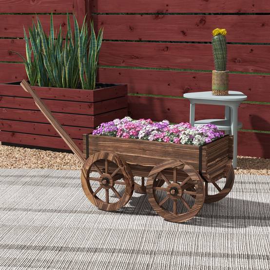 ComfortXL - Chariot à fleurs bois sapin terrasse décoration brouette sur roues avec poignée 120cm - ComfortXL Outdoor Living - Image 3