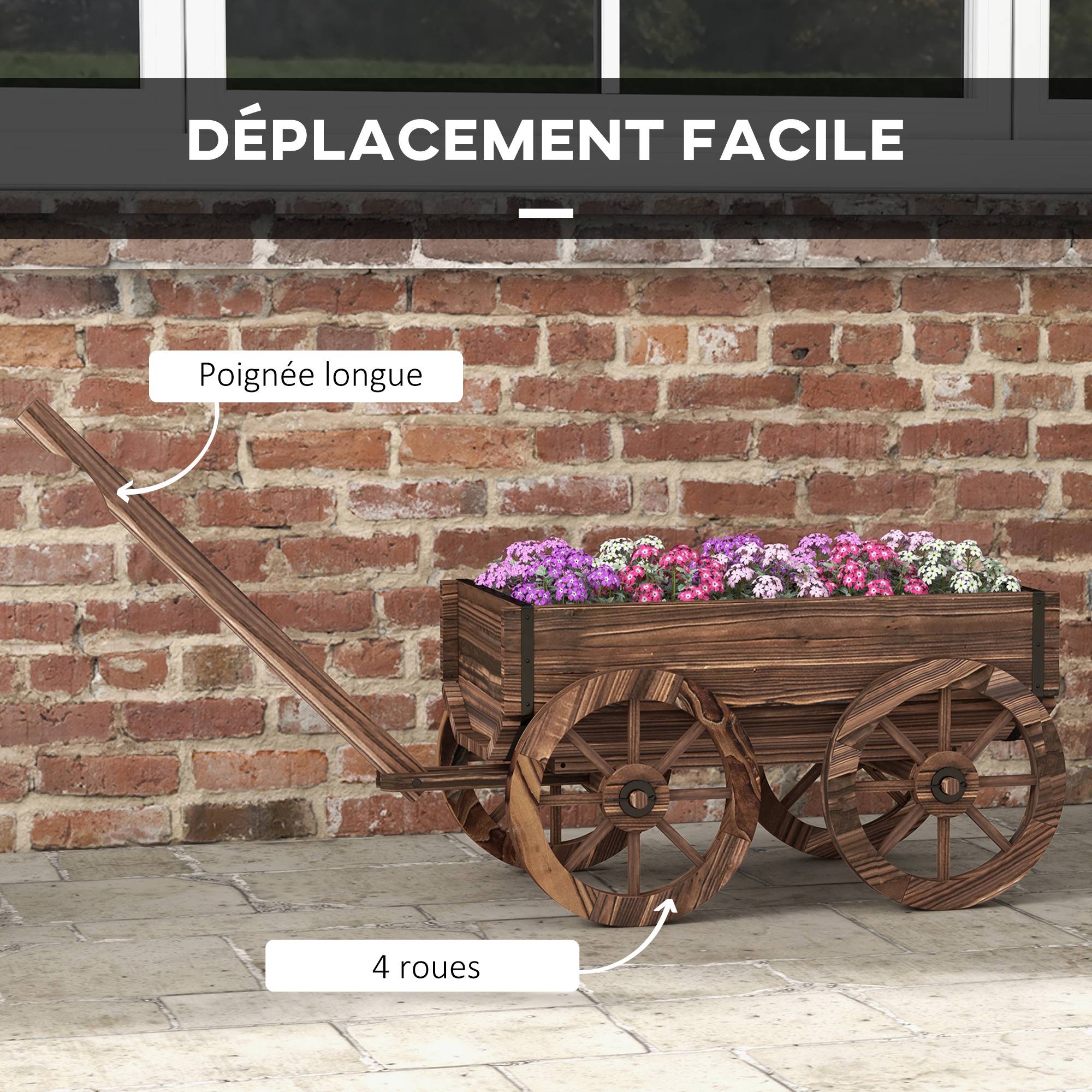 ComfortXL - Chariot à fleurs bois sapin terrasse décoration brouette sur roues avec poignée 120cm - ComfortXL Outdoor Living - Image 6