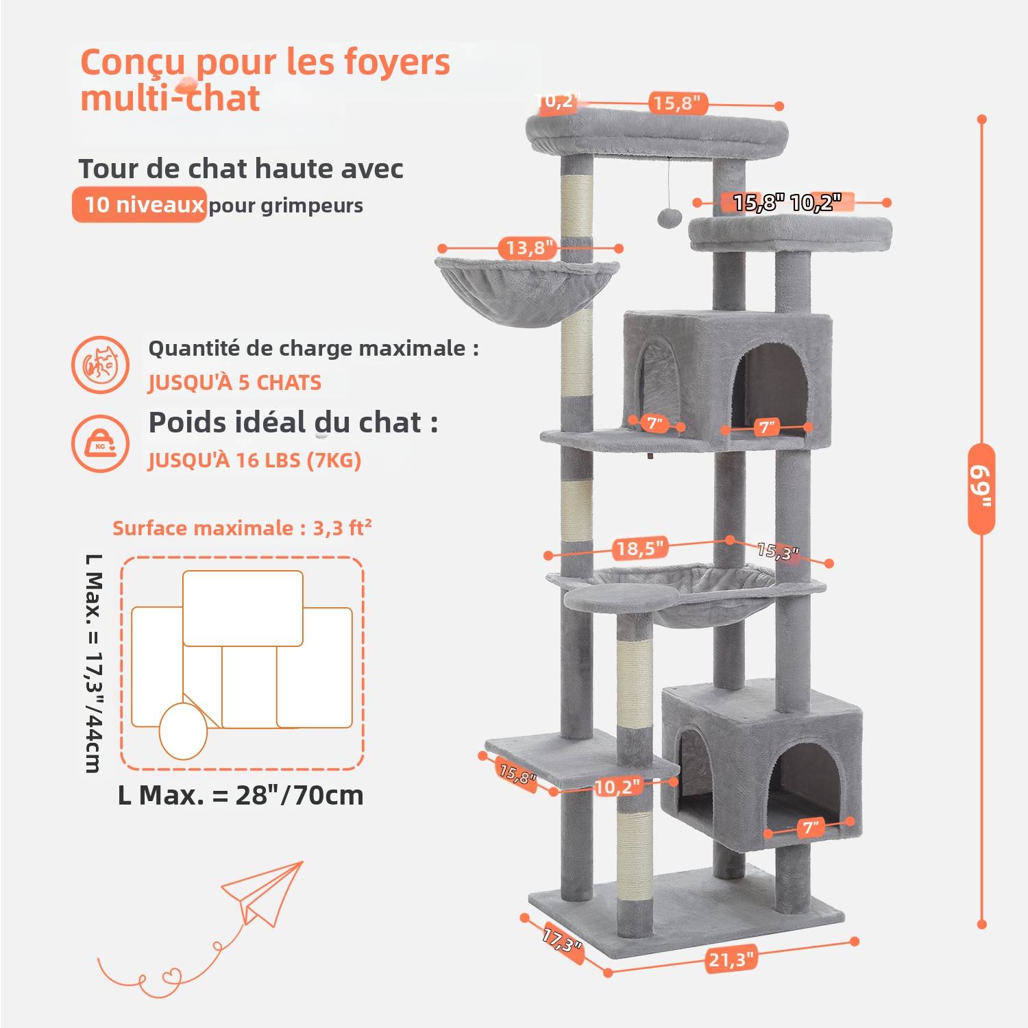 Arbre à Chat XXL avec 2 Grands Condos 175 cm Gris PAWZ Road - Image 2