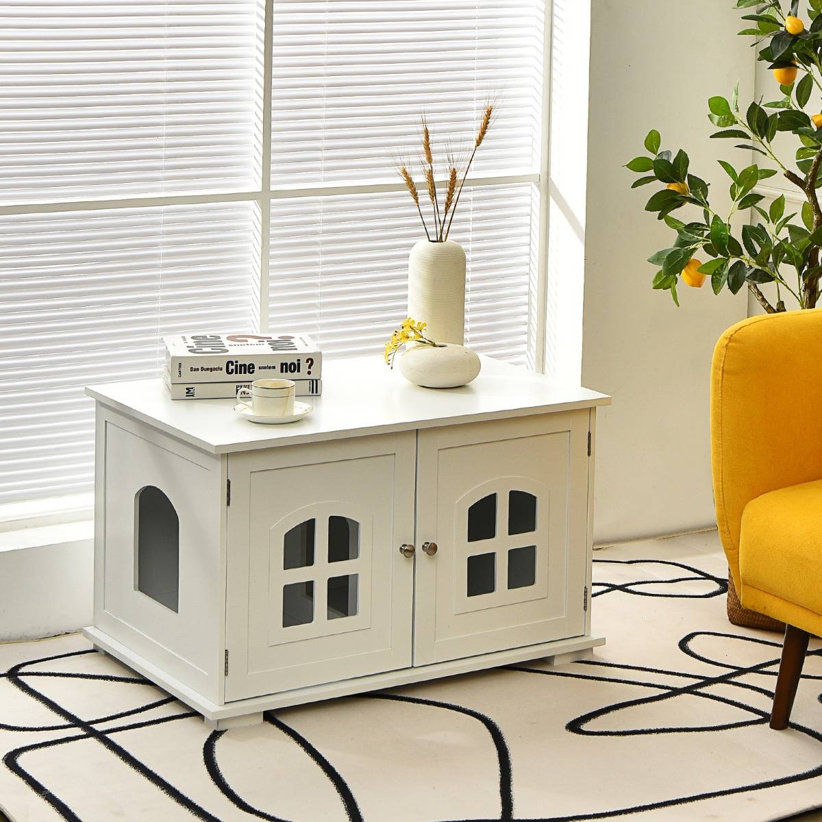 Maison de Toilette pour Chat avec Double Portes Fenêtres Entrée Latérale en Option Ventilée avec Couchage Blanc - Image 2