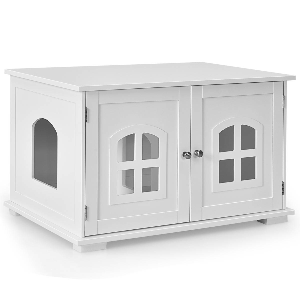 Maison de Toilette pour Chat avec Double Portes Fenêtres Entrée Latérale en Option Ventilée avec Couchage Blanc - Image 3