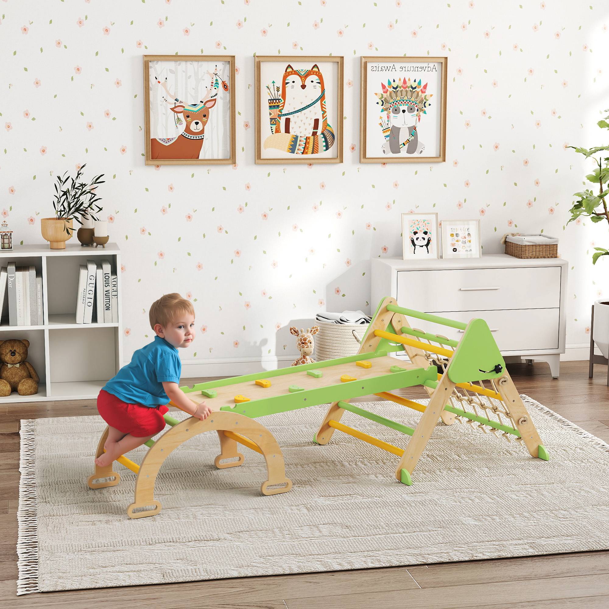 Triangle d'escalade enfants 8 en 1 avec rampe double face, arc d'escalade en bois avec toboggan & échelle, vert - Image 3