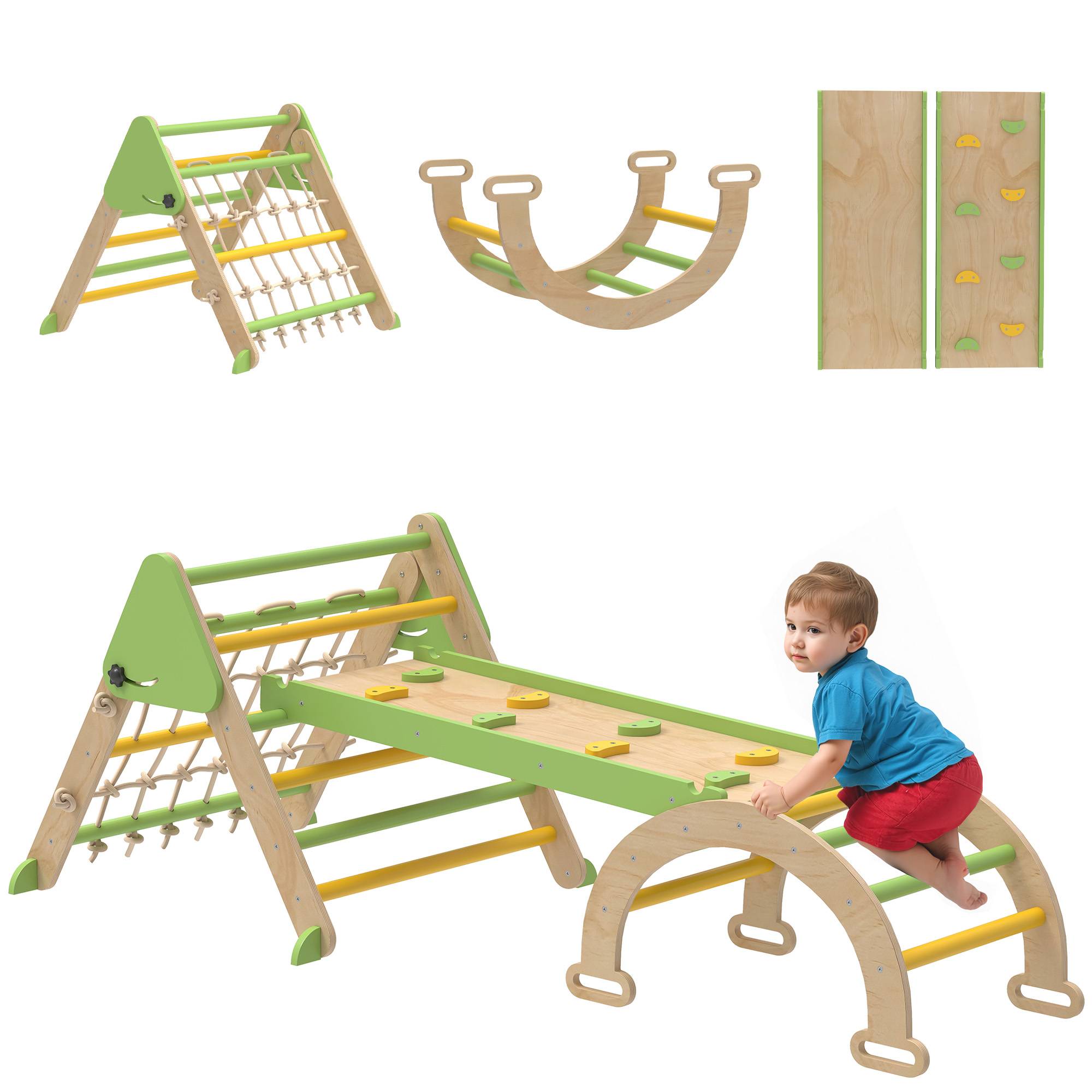 Triangle d'escalade enfants 8 en 1 avec rampe double face, arc d'escalade en bois avec toboggan & échelle, vert - Image 1