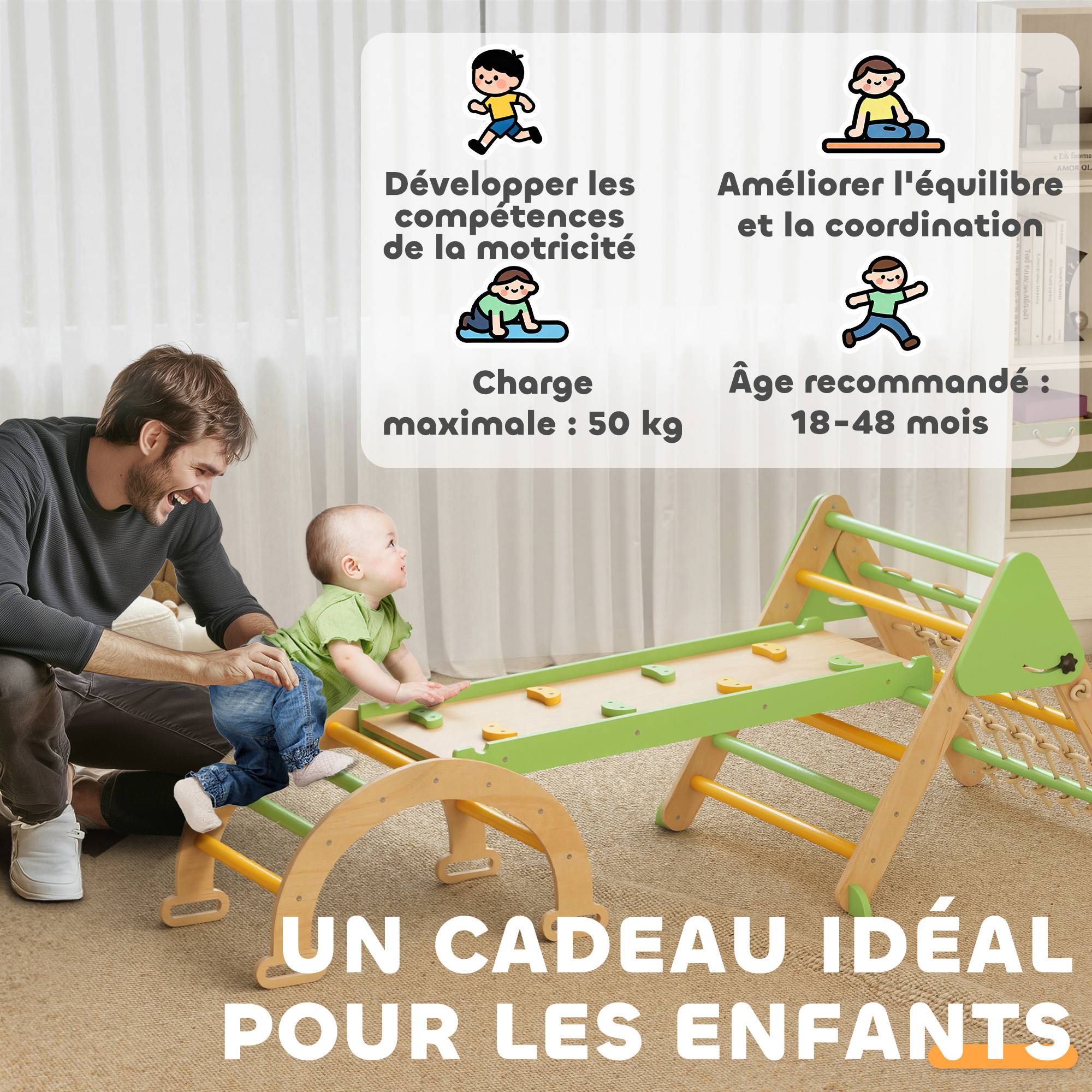 Triangle d'escalade enfants 8 en 1 avec rampe double face, arc d'escalade en bois avec toboggan & échelle, vert - Image 10