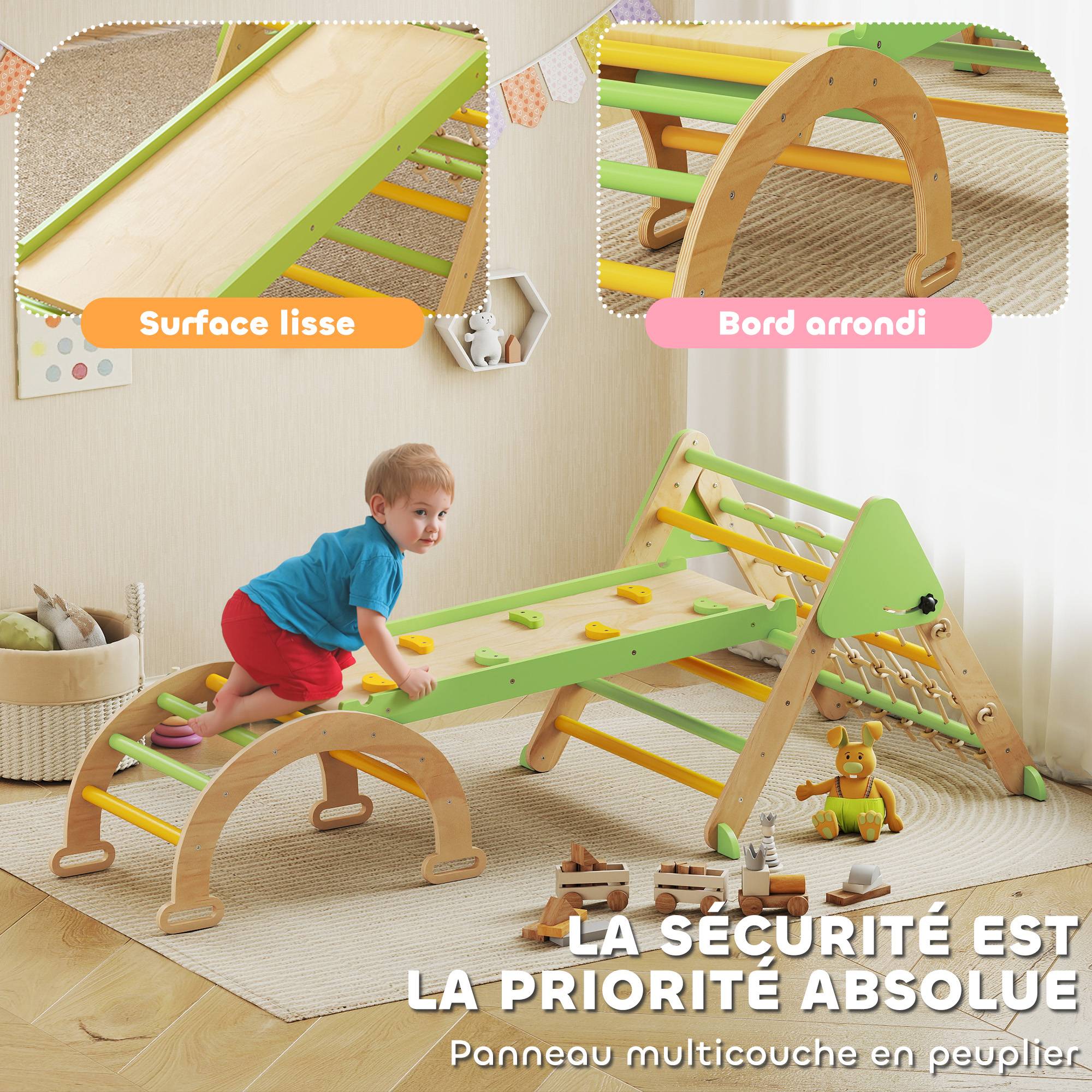 Triangle d'escalade enfants 8 en 1 avec rampe double face, arc d'escalade en bois avec toboggan & échelle, vert - Image 7