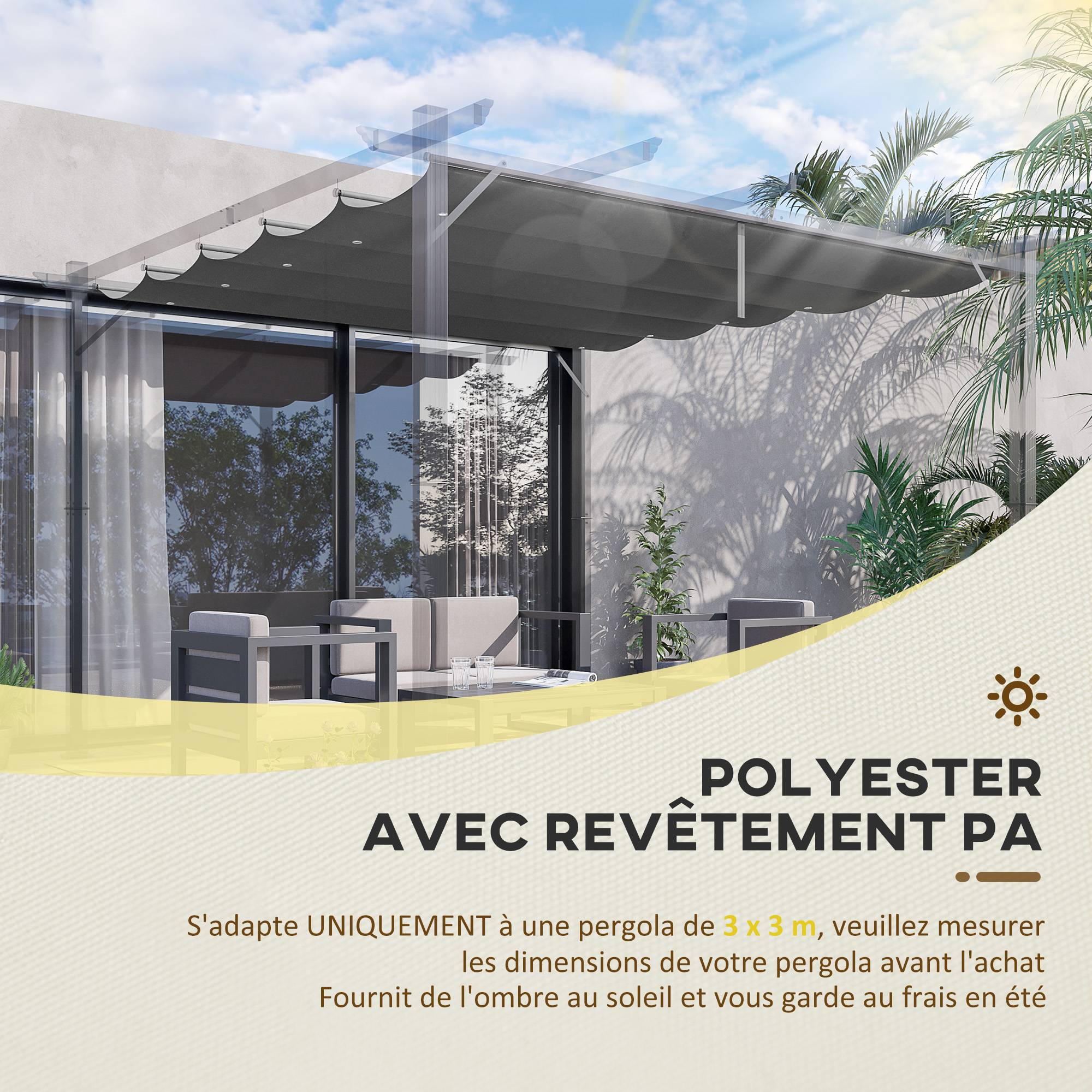 Outsunny - Toile de toit pergola tonnelle rétractable 3x3m toile gris foncé - Outsunny - Image 4