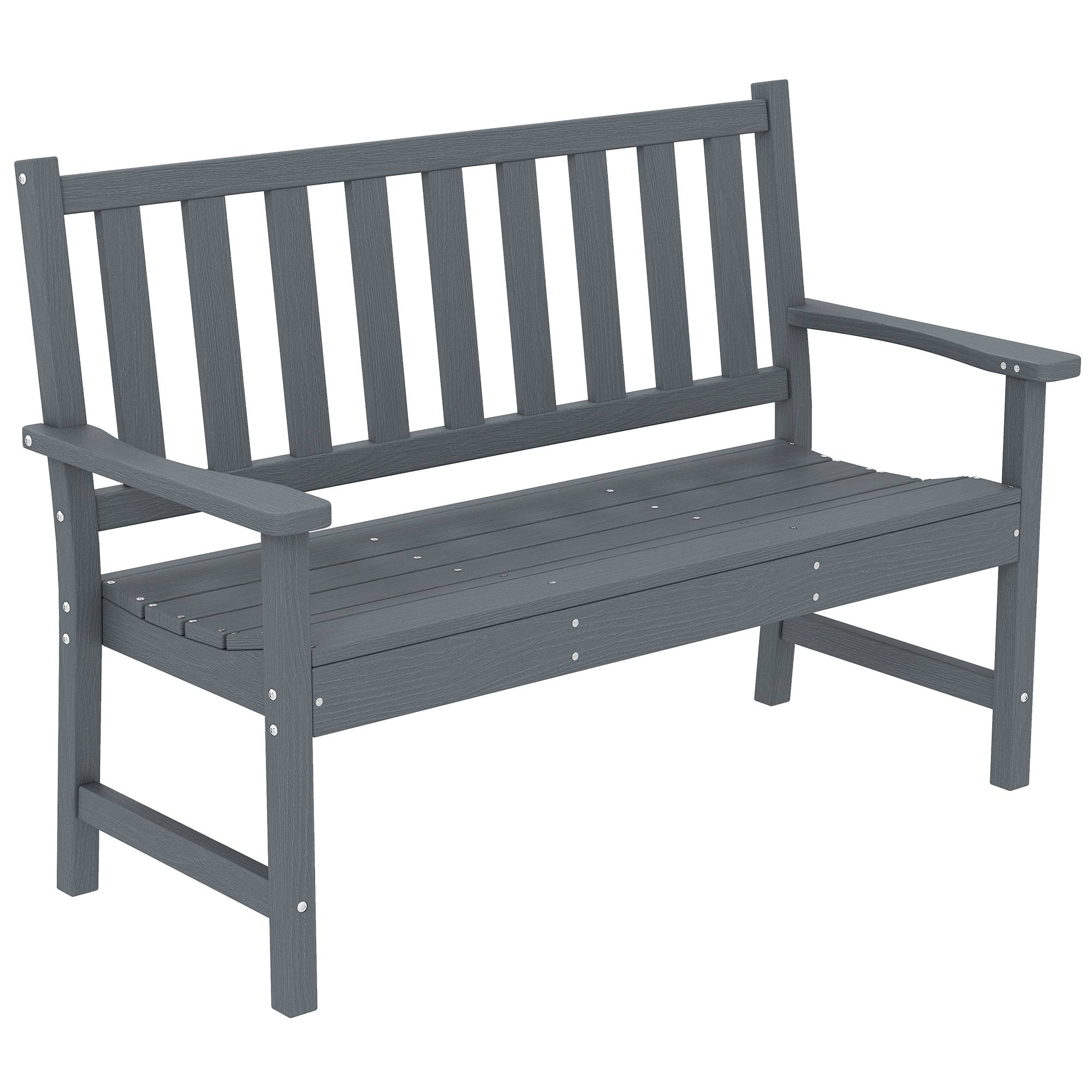 Banc de jardin 2 places, banc d'extérieur en plastique résistant aux intempéries avec structure à lattes, dossier imitation bois, gris - Image 1