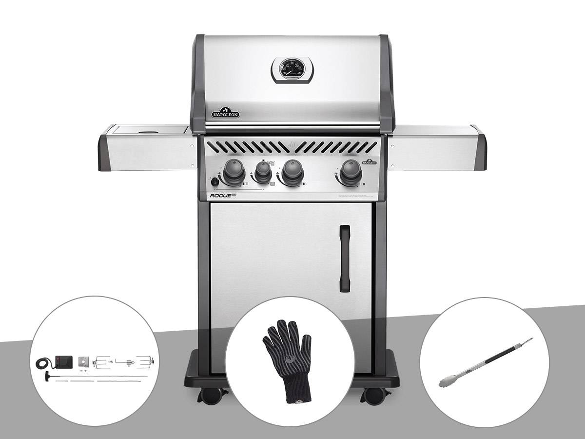 Napoleon - Barbecue à gaz Rogue XT 425 gris + Rôtissoire + Gant résistant à la chaleur + Pince auto-verrouillable - Napoleon