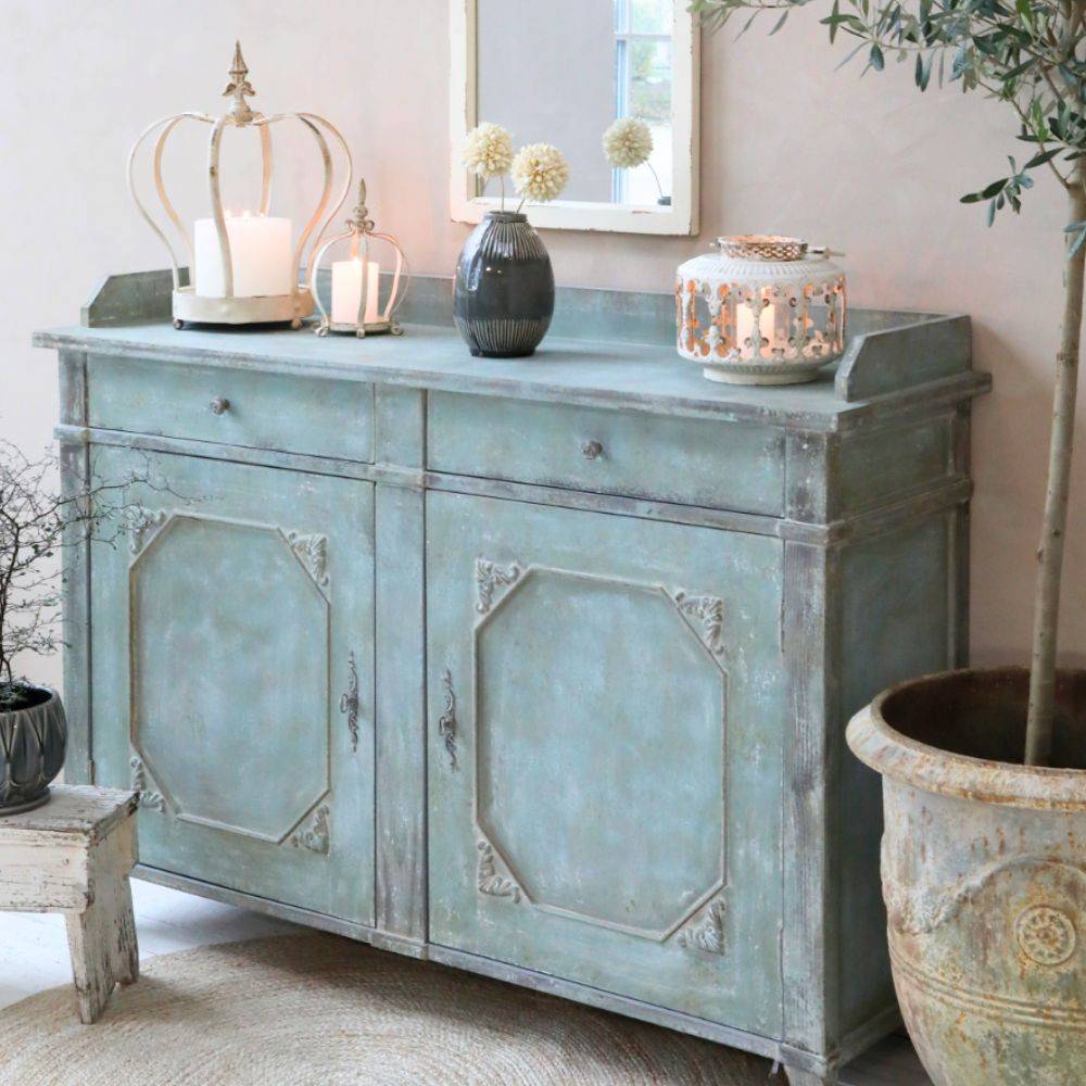 Chemin De Campagne - Buffet 2 portes en bois de pin bleu antique opale 142 x 43 x 104 cm Chemin de campagne - Imagen 2