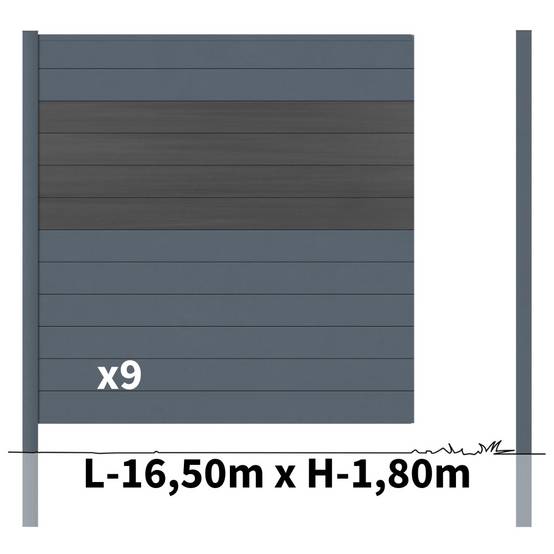 Kit Clôture Aluminium BAHIA & CRUZ Ardoise 16,5x1,8m - Bois Composite & Aluminium - Poteaux Gris - Brise Vue - Palissade - Image 3
