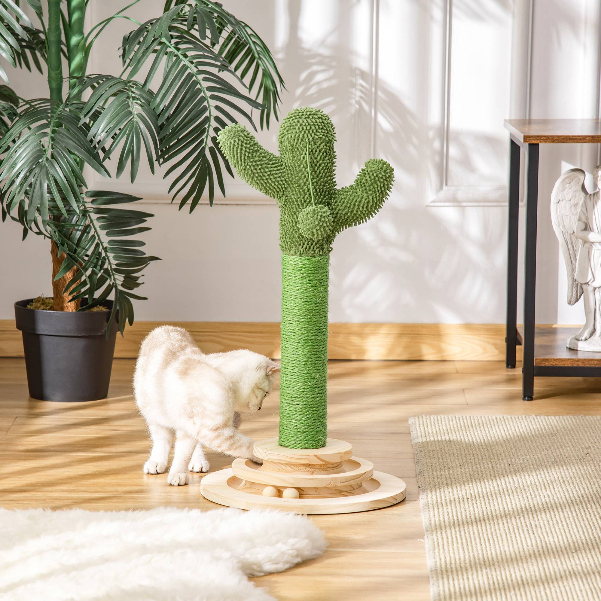 Pawhut - Griffoir chat design cactus - jouet pompon suspendu, jouet boules - bois de pin sisal vert - Imagen 7