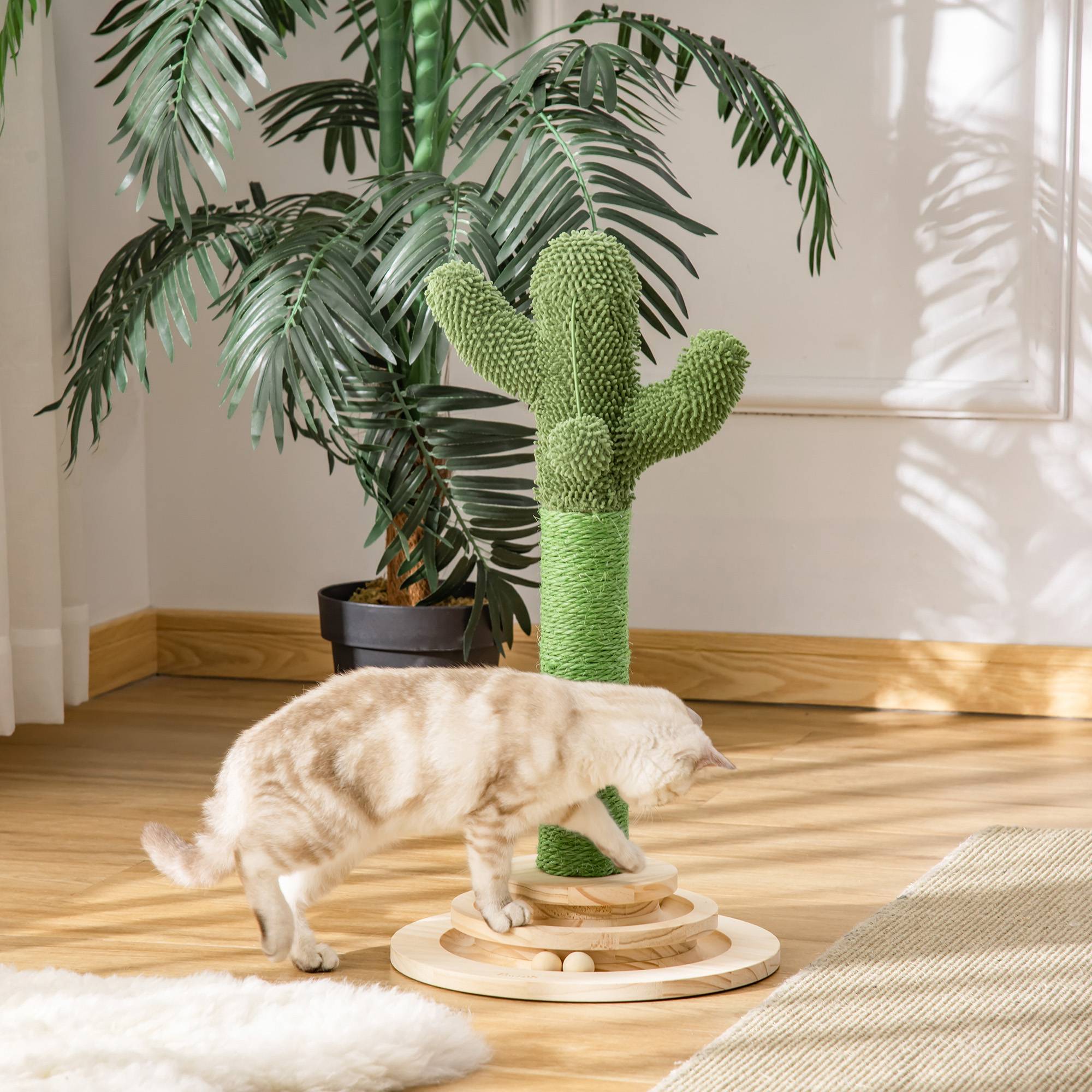 Pawhut - Griffoir chat design cactus - jouet pompon suspendu, jouet boules - bois de pin sisal vert - Imagen 2