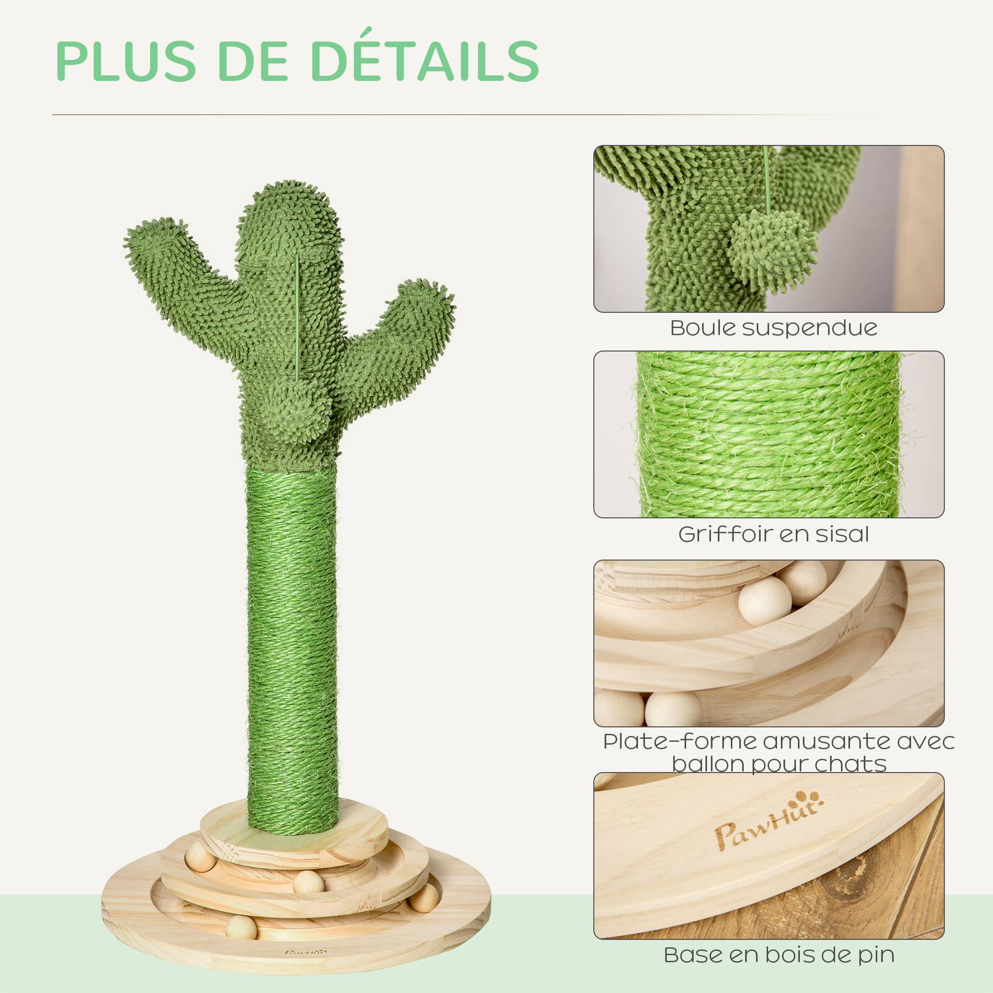 Pawhut - Griffoir chat design cactus - jouet pompon suspendu, jouet boules - bois de pin sisal vert - Imagen 5