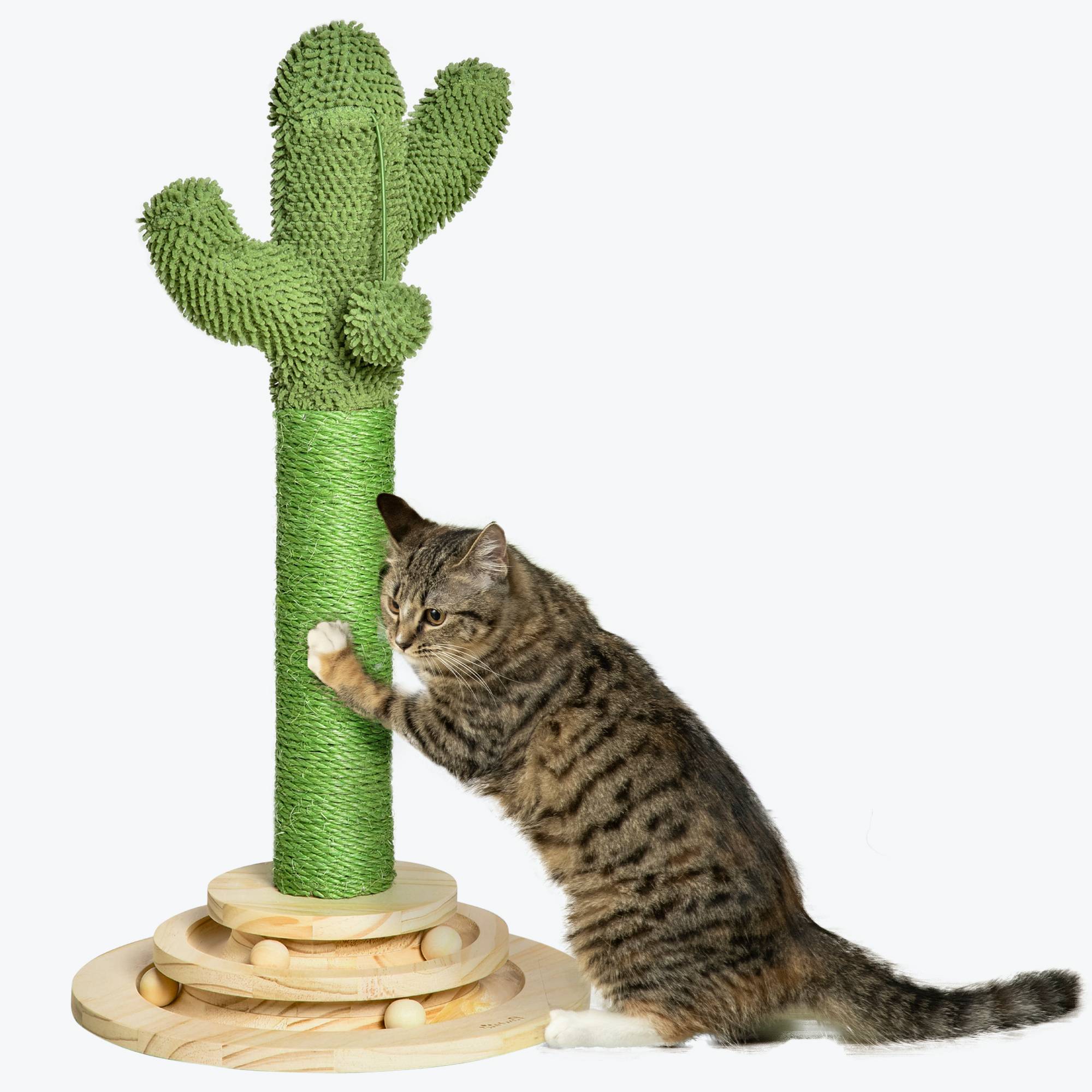 Pawhut - Griffoir chat design cactus - jouet pompon suspendu, jouet boules - bois de pin sisal vert - Imagen 1
