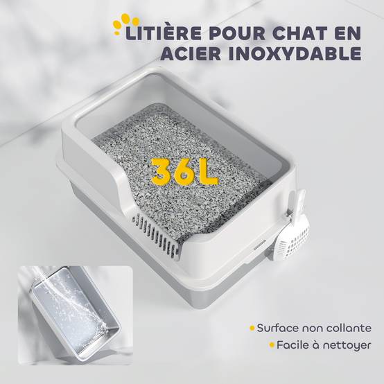 Bac à litière acier inoxydable gris clair 60 x 40 x 28 cm - PANGIVO - Image 7