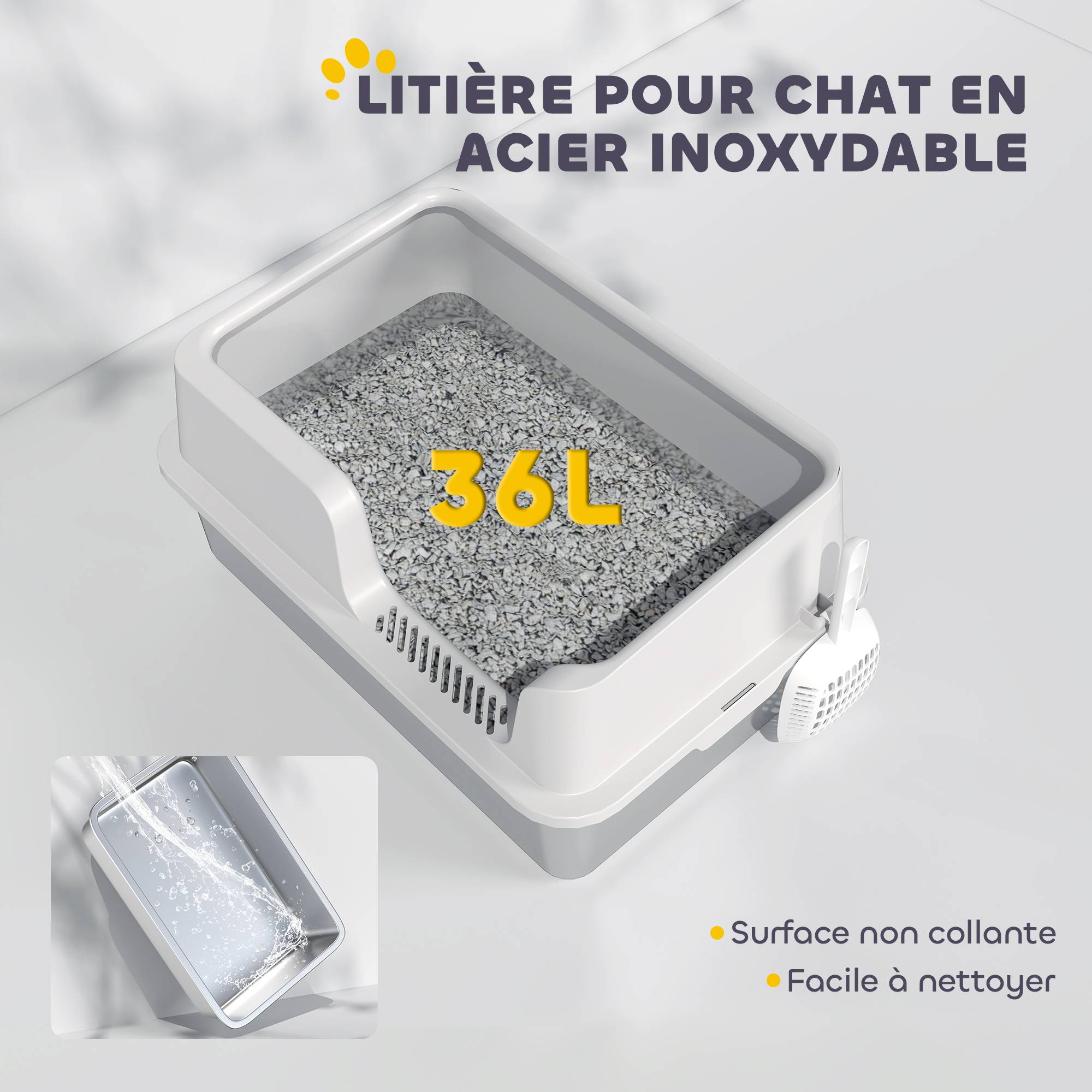 Bac à litière acier inoxydable gris clair 60 x 40 x 28 cm - PANGIVO - Image 7
