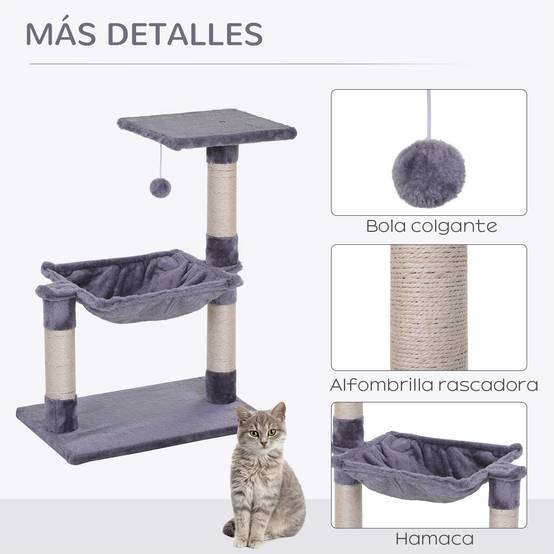Petit Arbre à Chat avec Hamac et Plateforme Griffoir Poteaux en Sisal et Jouet Suspendu 70 cm Gris - ComfortXL Outdoor Living - Image 7