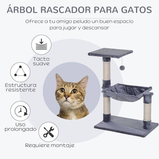 Petit Arbre à Chat avec Hamac et Plateforme Griffoir Poteaux en Sisal et Jouet Suspendu 70 cm Gris - ComfortXL Outdoor Living - Image 6
