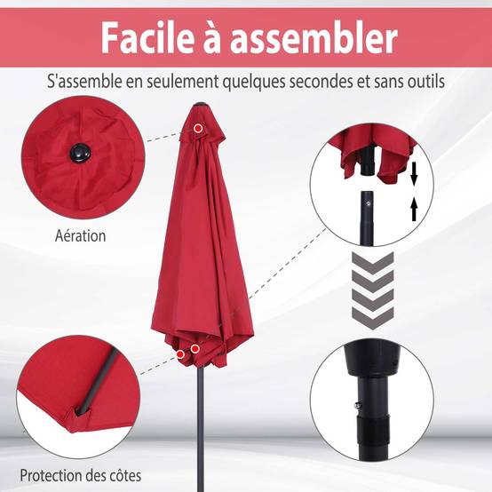 Parasol droit parasol inclinable de jardin balcon terrasse manivelle - 260x260x235cm Métal Rouge fr186 - Image 6