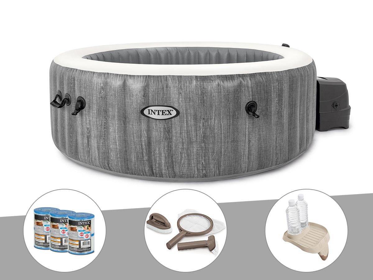 Kit spa gonflable Intex PureSpa Baltik rond Bulles 4 places + 6 filtres + Kit d'entretien + Porte-verre - Imagen 1