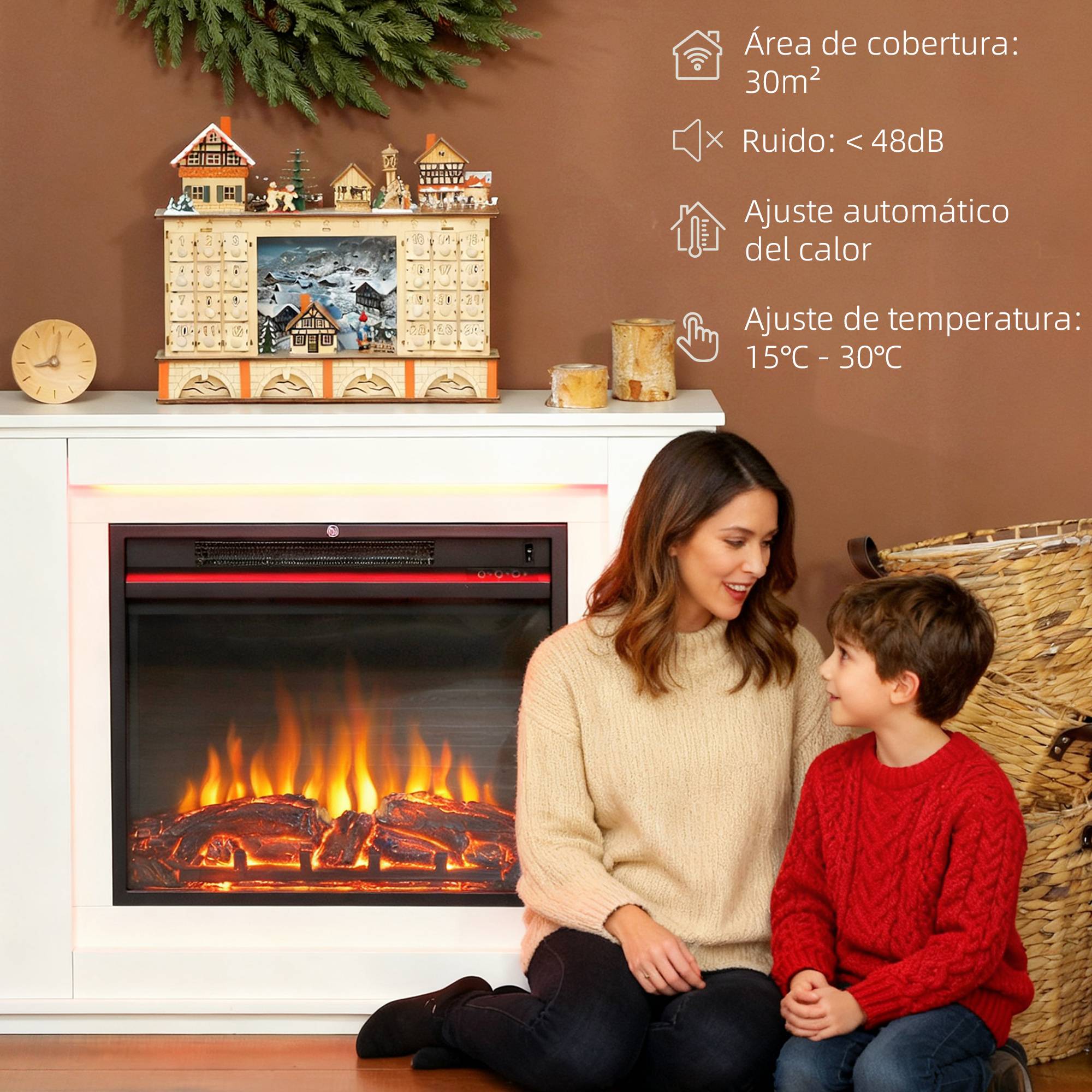 Cheminée électrique 1000/2000W effet flamme 5 niveaux luminosité et 12 couleurs 30 m² blanc - Image 7