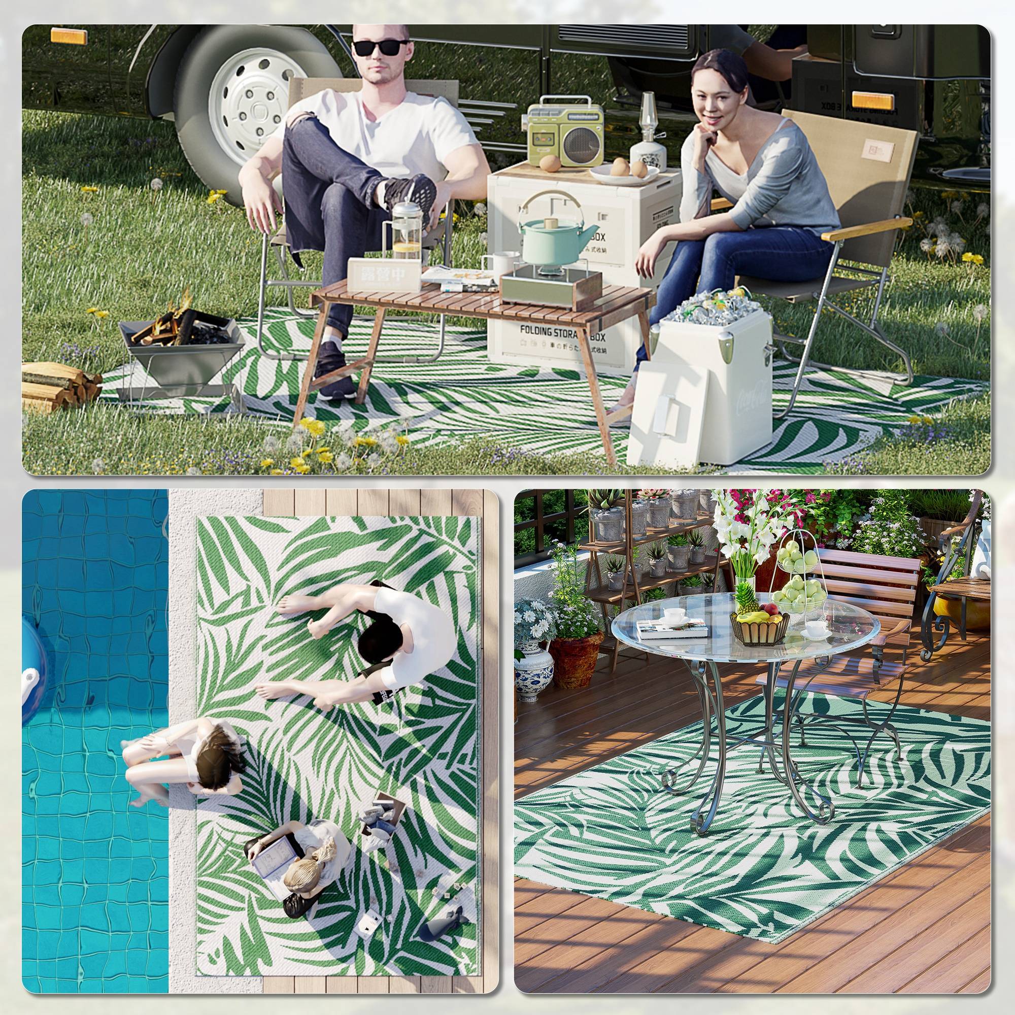Tapis d'extérieur réversible Polypropylène Terrasse jardin Motif feuilles 152x243cm Vert - ComfortXL Outdoor Living - Image 7