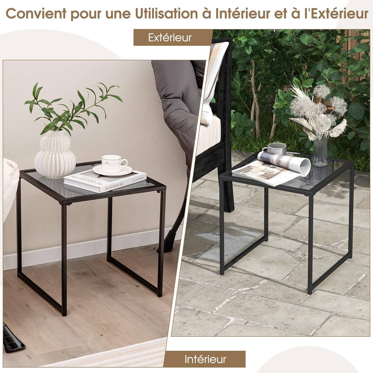 Costway - Table d'Appoint Carrée d'Extérieur en Verre Trempé, Charge 30 kg,43 x 43 x 45 cm, Noir - Image 5