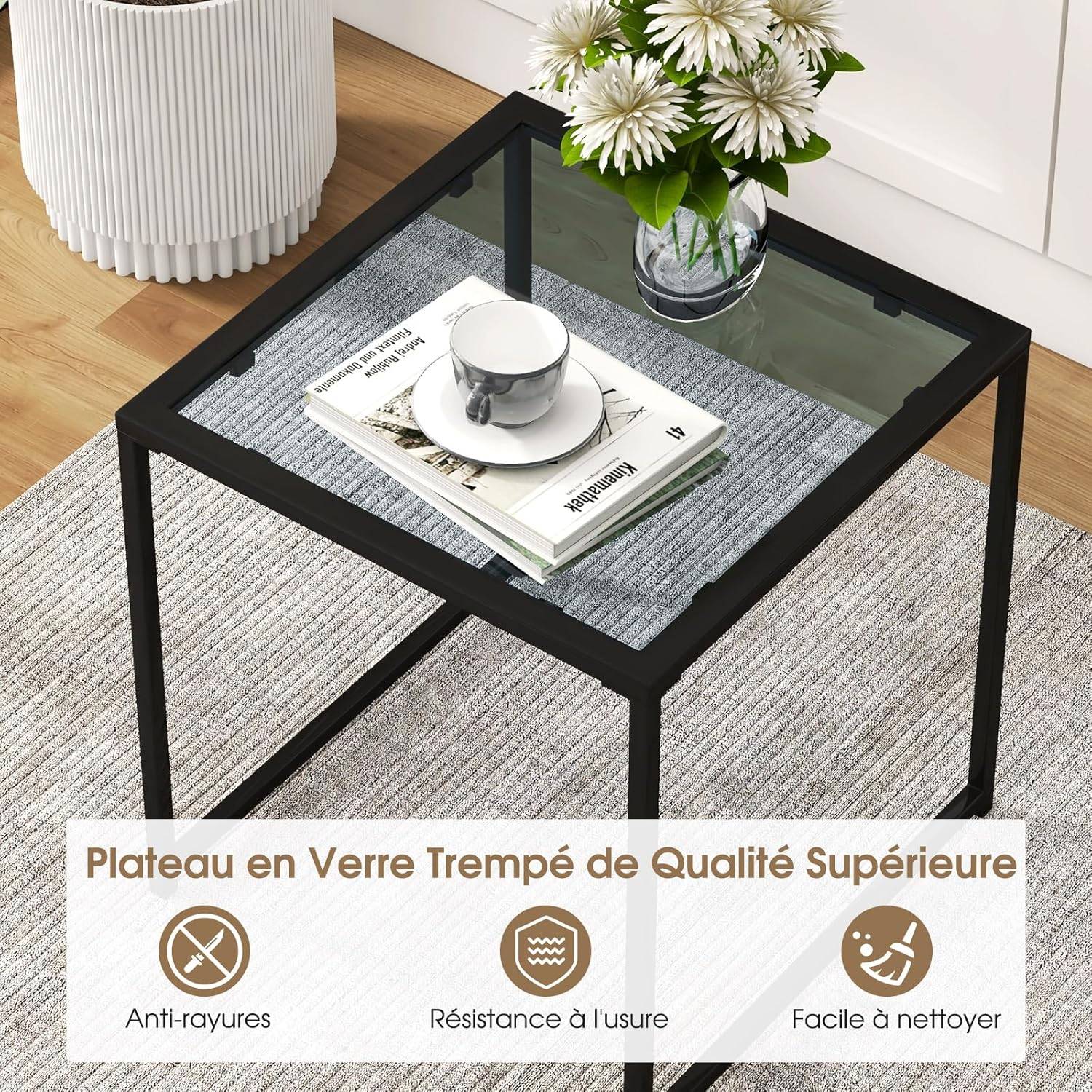 Costway - Table d'Appoint Carrée d'Extérieur en Verre Trempé, Charge 30 kg,43 x 43 x 45 cm, Noir - Image 2