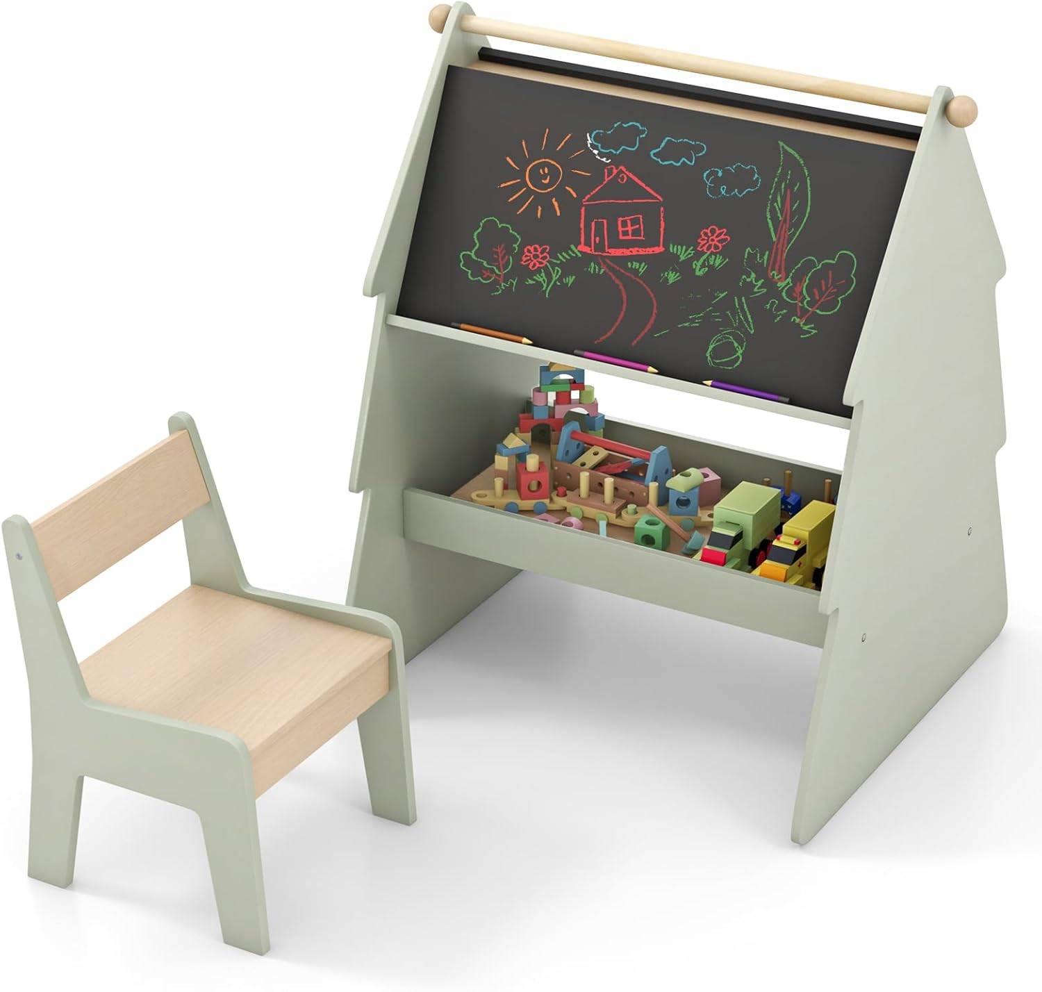 Chevalet Double Face En Bois Pour Enfants – Tableau Noir, Blanc Et Rouleau De Papier – Hauteur Réglable, Avec Accessoires