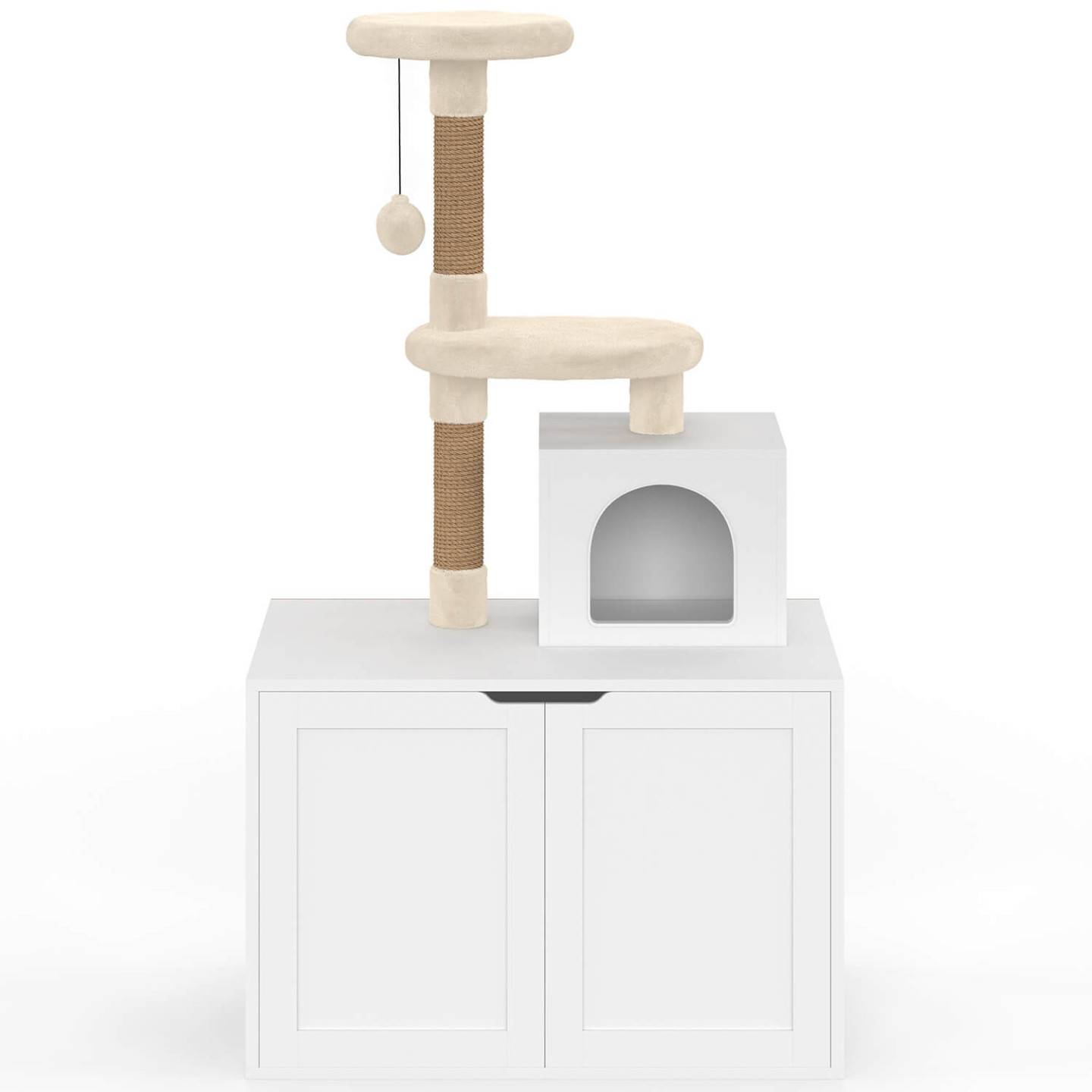 IDMARKET - Maison de toilette pour chat avec arbre à chat, cache-litière 2 portes, niche et plateforme en bois blanc - Image 3