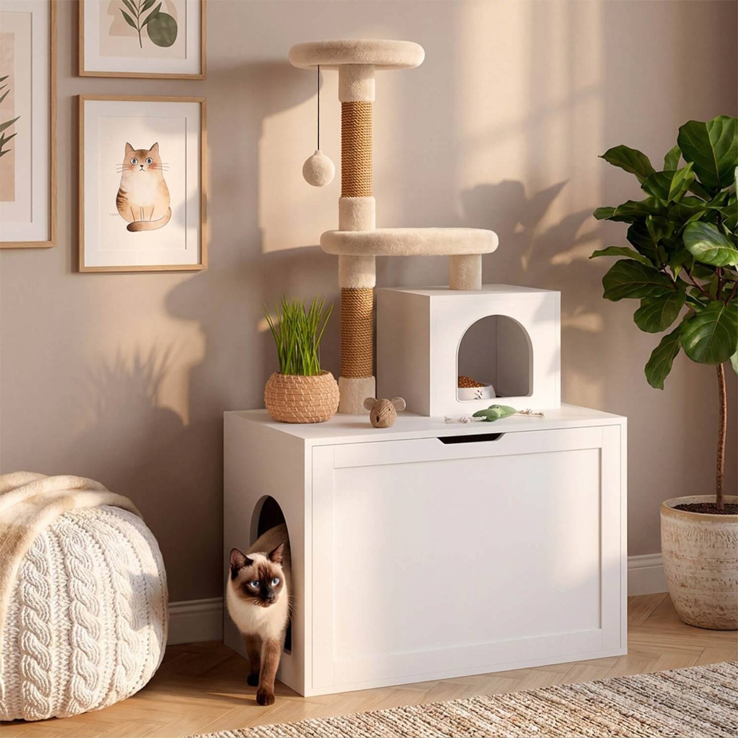 IDMARKET - Maison de toilette pour chat avec arbre à chat, cache-litière 2 portes, niche et plateforme en bois blanc - Image 1