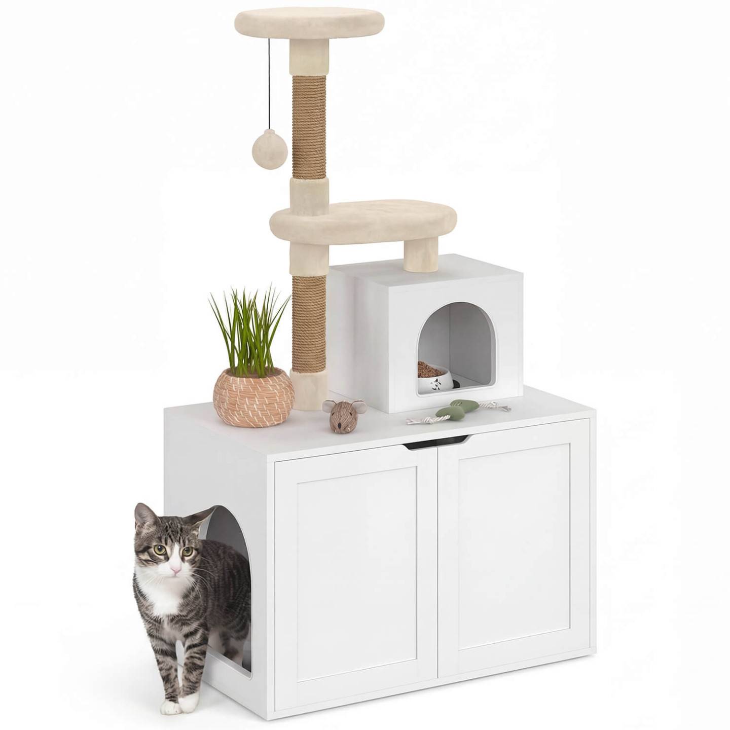 IDMARKET - Maison de toilette pour chat avec arbre à chat, cache-litière 2 portes, niche et plateforme en bois blanc - Image 2
