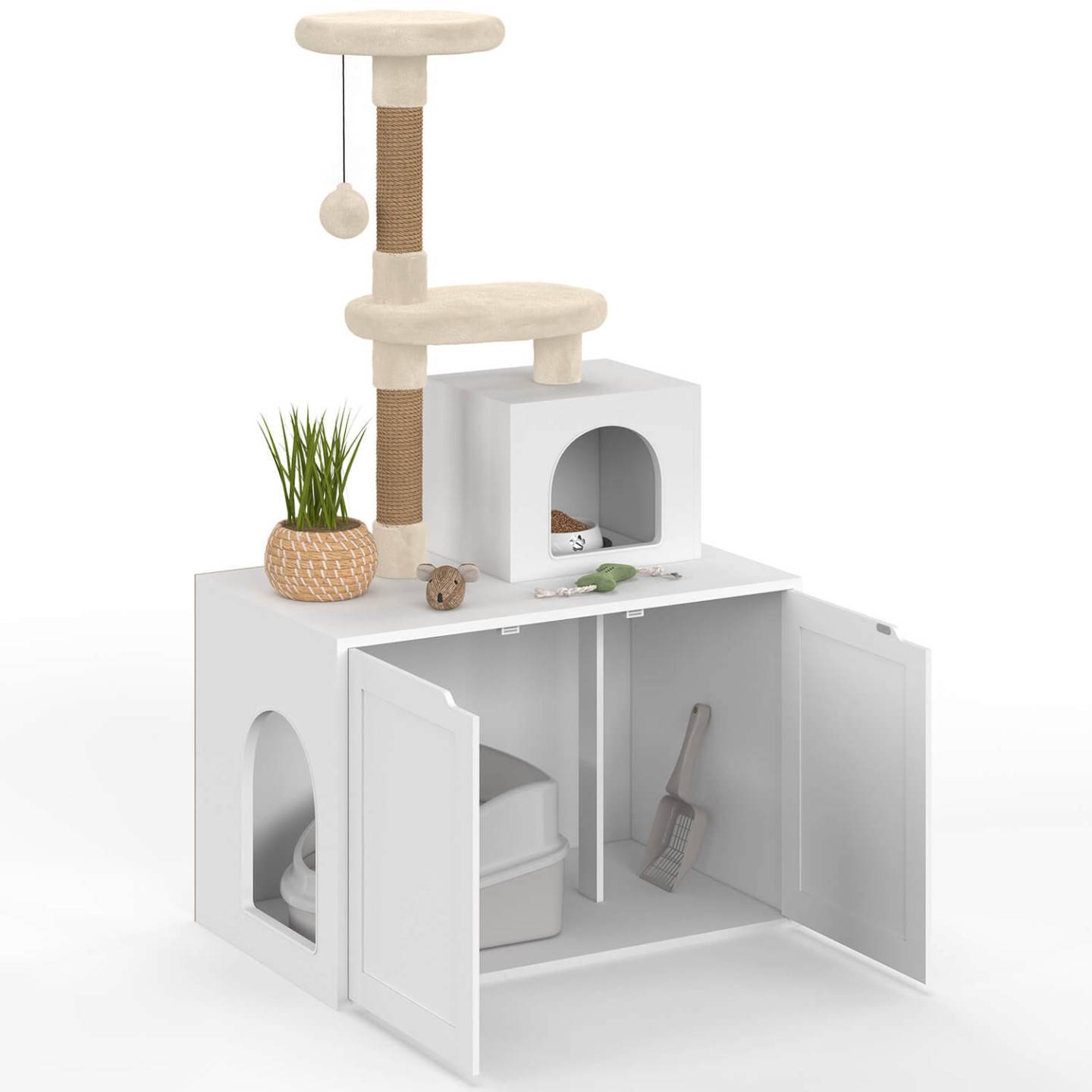 IDMARKET - Maison de toilette pour chat avec arbre à chat, cache-litière 2 portes, niche et plateforme en bois blanc - Image 4