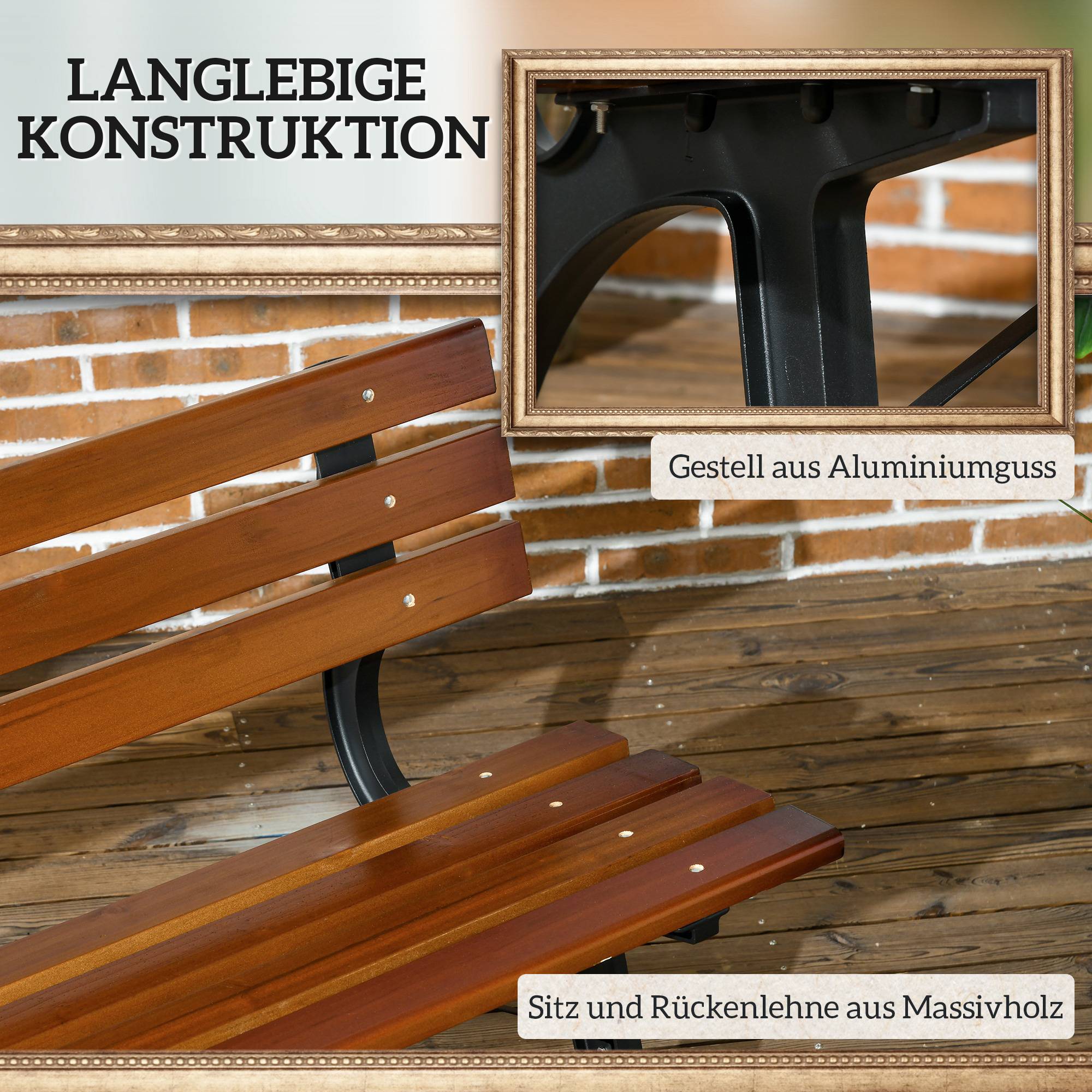 Banc 2 places, pour jardin et terrasse, en fonte d'aluminium et bois naturel, 120 x 57 x 70 cm, marron - Image 7