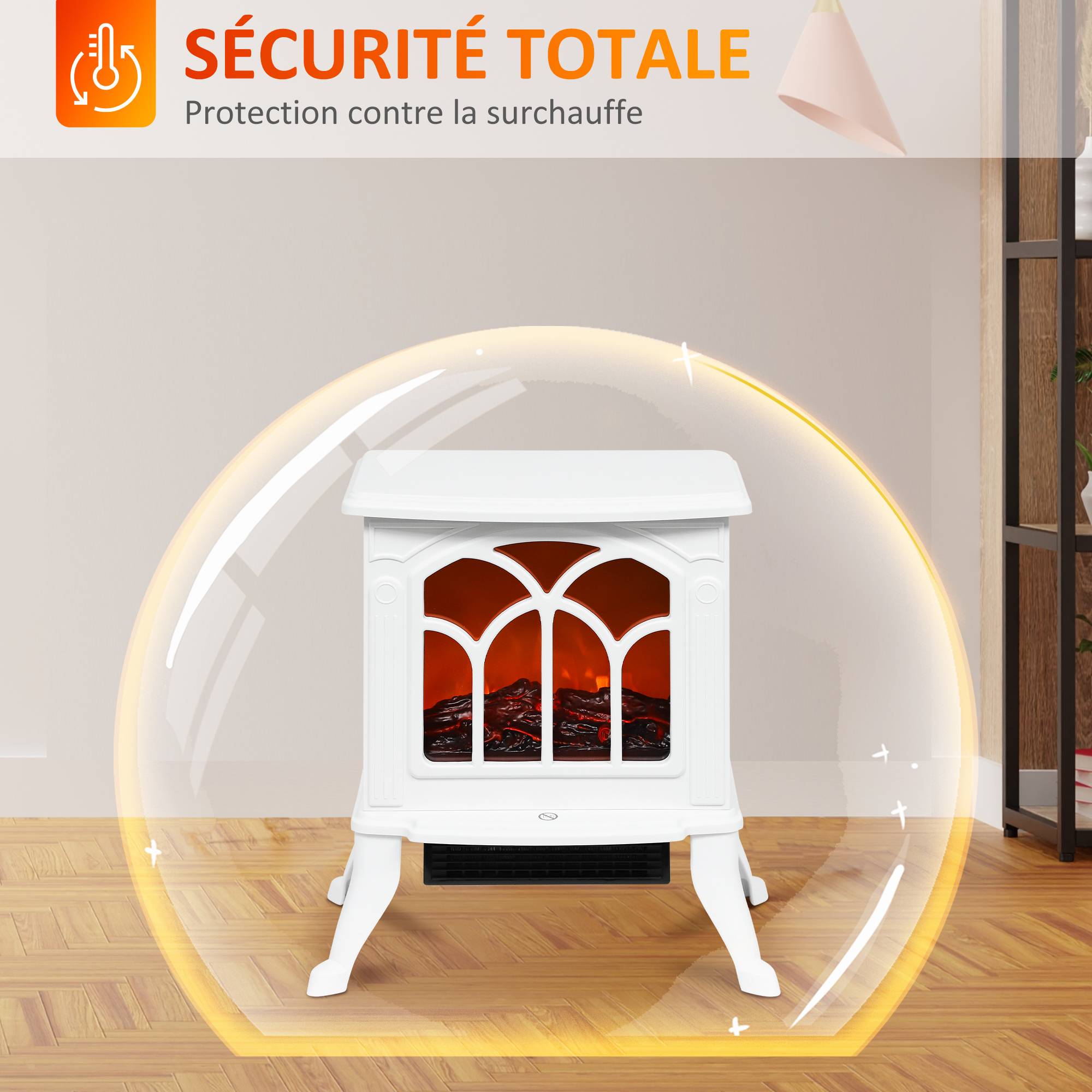 Cheminée électrique sur pied 750/1500 W, fausse cheminée décorative avec effet flamme LED, 37,3 x 23,1 x 44 cm, blanc - Image 9